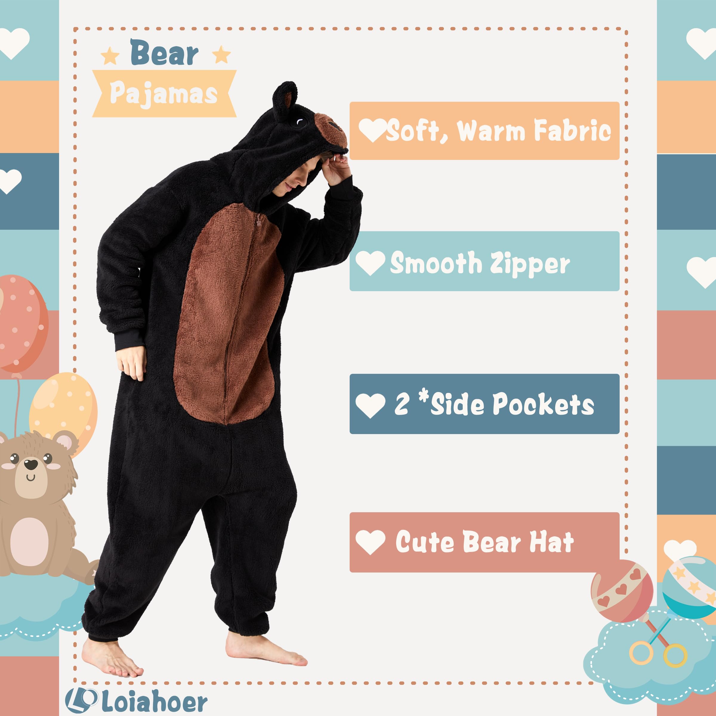 Loiahoer Unisex Erwachsene Bär Onesie Kostüm Pyjama Halloween Cosplay Kostüm Neuheit Tier SHU Velveteen Weihnachten Schlafanzug Pyjamas Set für Familie & Paare