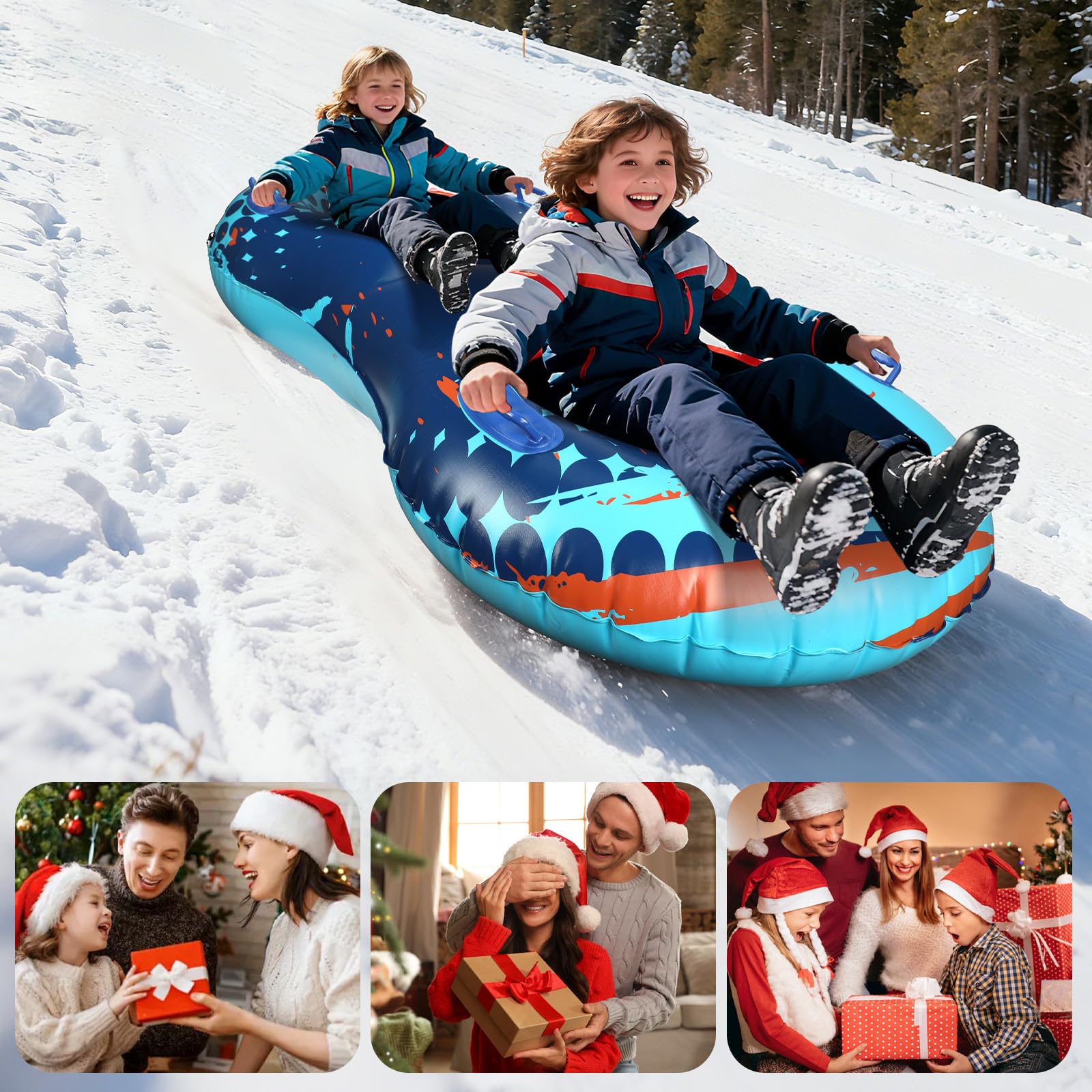 Tubo da neve con fune di traino trainabile, slitta gonfiabile heavy duty per 2 persone per bambini e adulti, di alta qualità, resistente all'abrasione, con fondo ispessito, tubi per slittino
