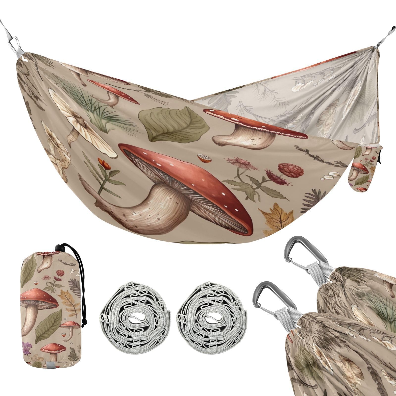 SDMKA Mushroom Brown Camping Hammock, 330 lbs with 2 Tree Straps, Carry Bag, Single Portable Hammock for Outdoor/Indoor, Hiking, Beach, Backpacking, Travel