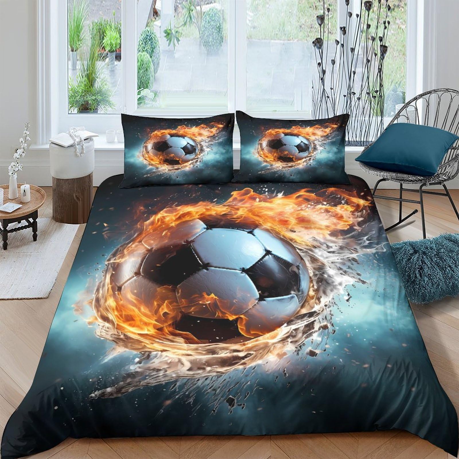 Ctjqhvkz Style-8 3D Printed Fiery Soccer Ball Fitted Sheet Microfiber Soft Bed Cover For Bedroom Guest Room Dorm Decor Protection Single（135X200cm）