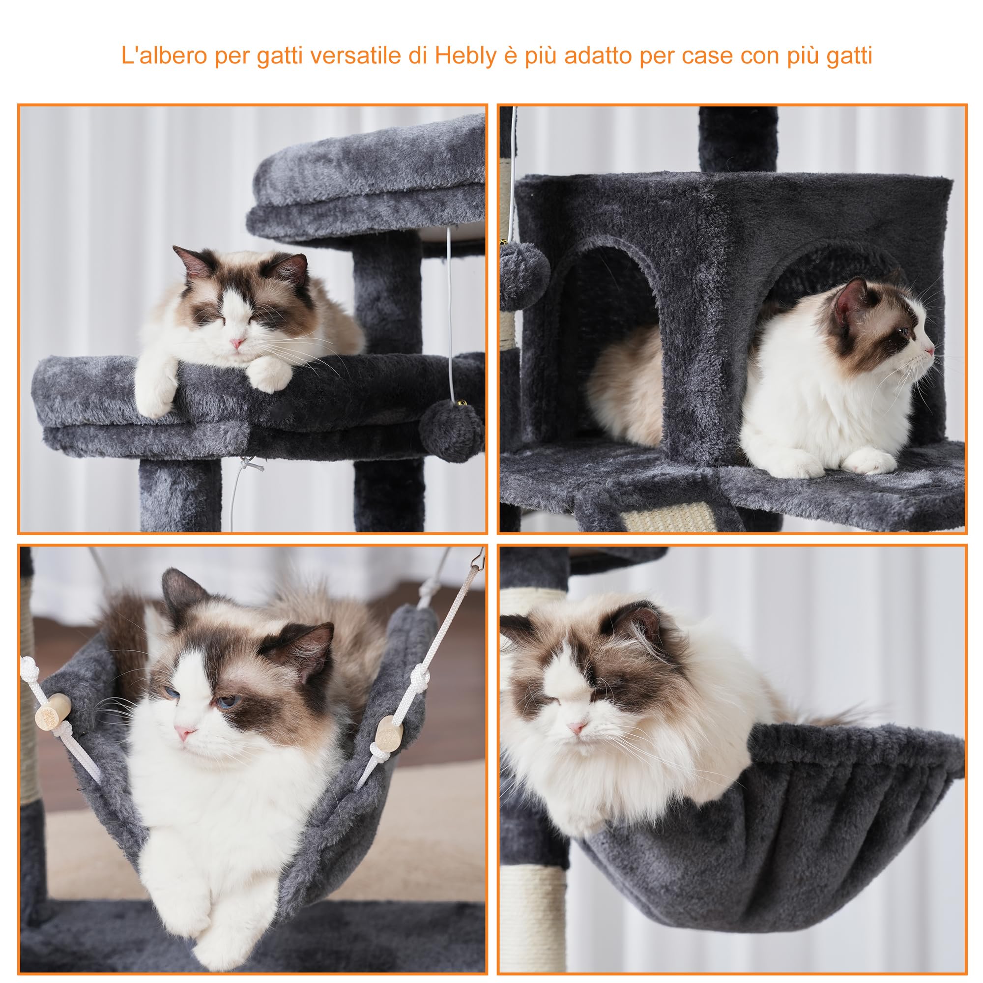 Heybly Albero Per Gatti, Torre 180 cm, 2 Piattaforme, 2 Capanne, 2 Amache, Pannello Per Sgualabocche. Grande Mobile Per Gatti Con Spazio Dormire, Grigio Fumo HCT034G