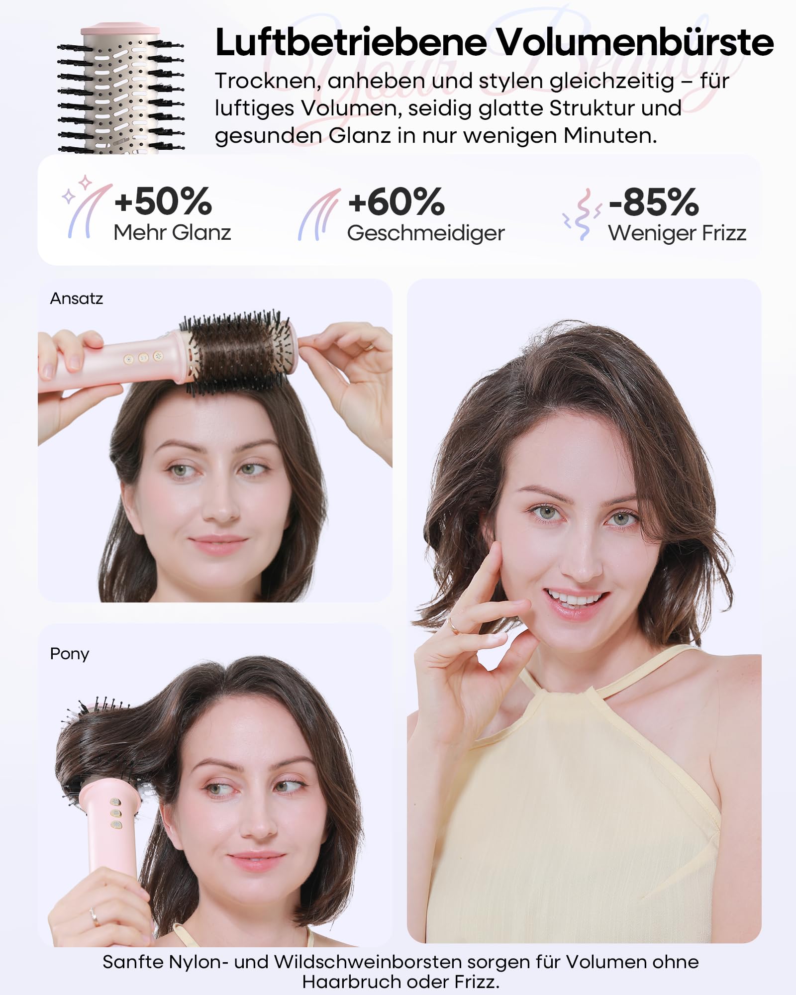 Airstyler 7 in 1 Ionen Föhn mit Diffusor Lockenstab Haartrockner Glätteisen Volumenbürste Warmluftbürste Reisetasche Rosa