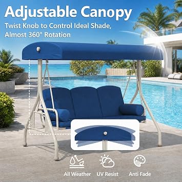 Patio Swings with Canopy, Modern Porch Swing with Stand, 3 Person Outdoor Swing, 2 in 1 Patio Swing Bed with Cushions and Cupholders, Metal Bed Swings for Porch/Outside/Backyard/Garden, Blue