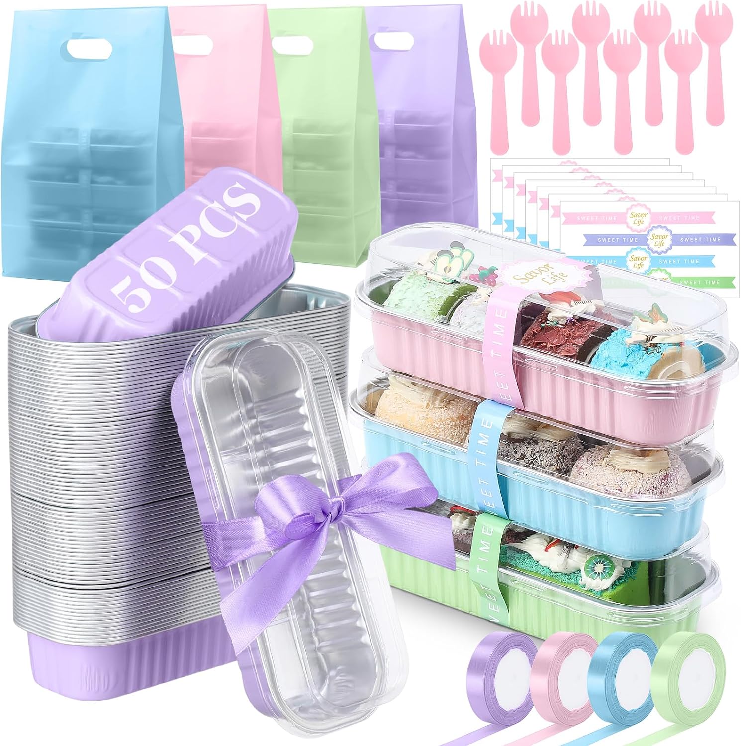 216 Pack 6.8oz Macaron Mini Loaf Pans with Lids and Spoons Include Sealing Stickers Gift Bags Ribbons, Rectangle Mini Cake Pan Disposable Aluminum Baking Cups for Dessert Picnics Party