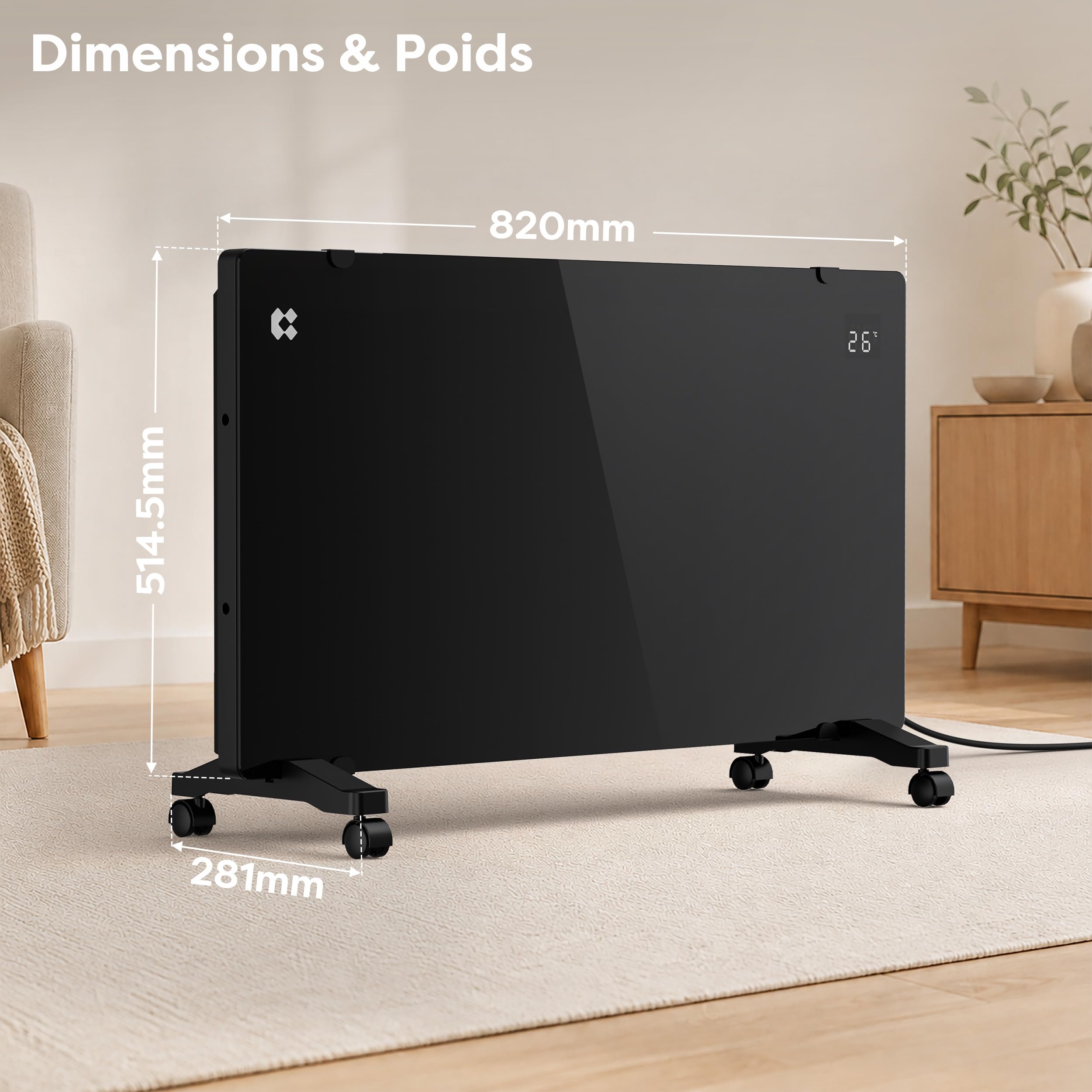 CIARRA CBHX20-B Radiateur Électrique 2000W WiFi PID, Élément X en alu