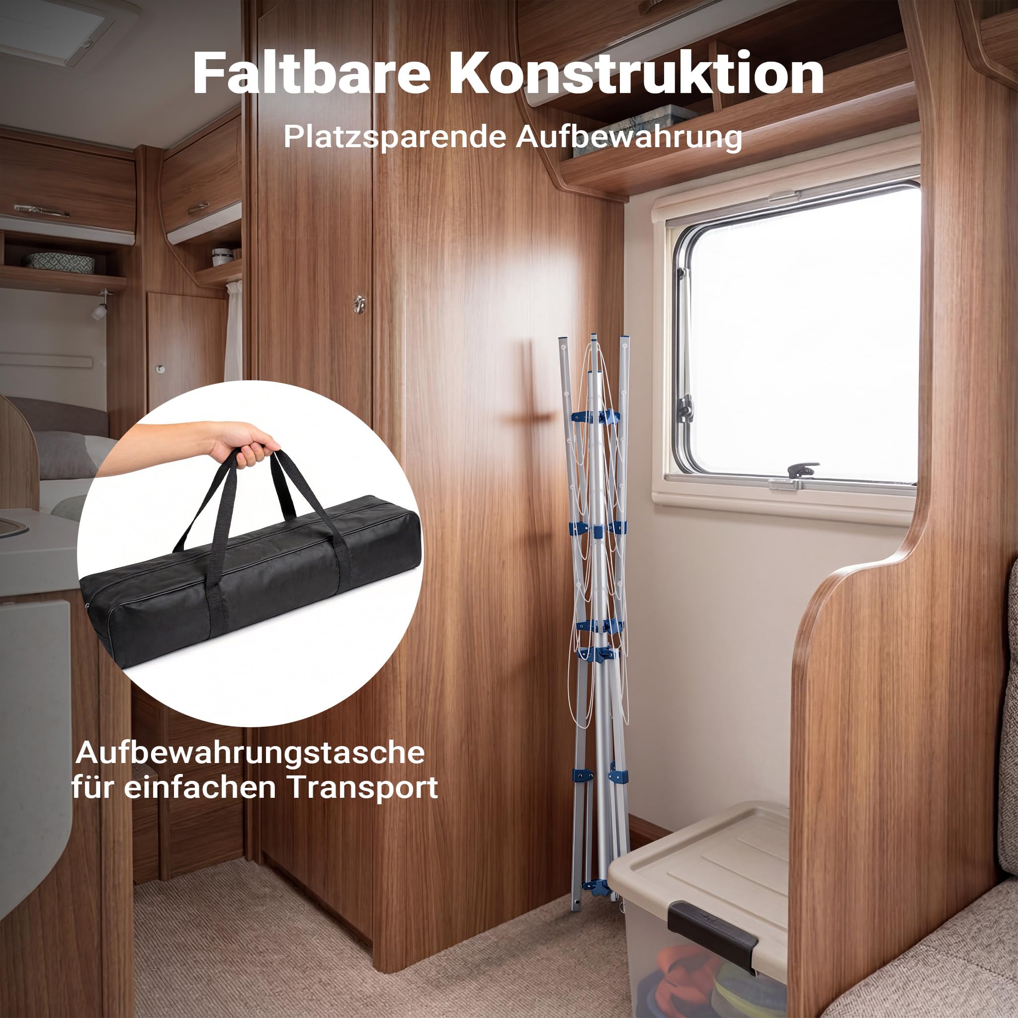 Wiltec Mobile Wäschespinne mit 4 Armen 16 m Wäscheleine Wäscheständer Alu Höhe 155cm Wohnwagen Camping Klappbar Wohnmobil Reise