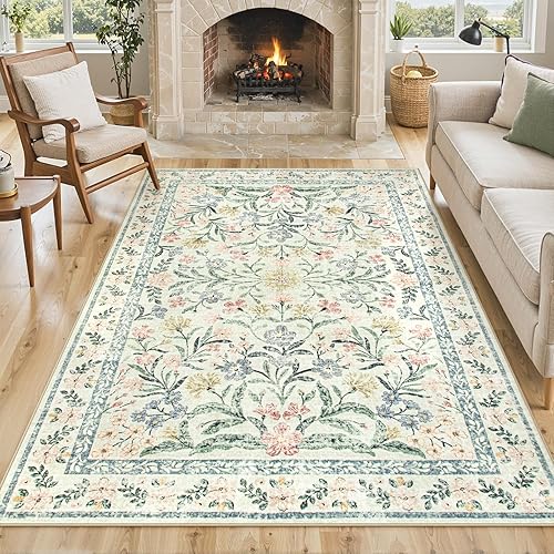 Lahome Boho Beige Rugs for Living Room 6x9, Washable Kids Rugs for Bedroom Girls, Farmhouse Soft Baby Carpet for Nursery, Non-Slip Carpet for Dining Room Playroom, Beige