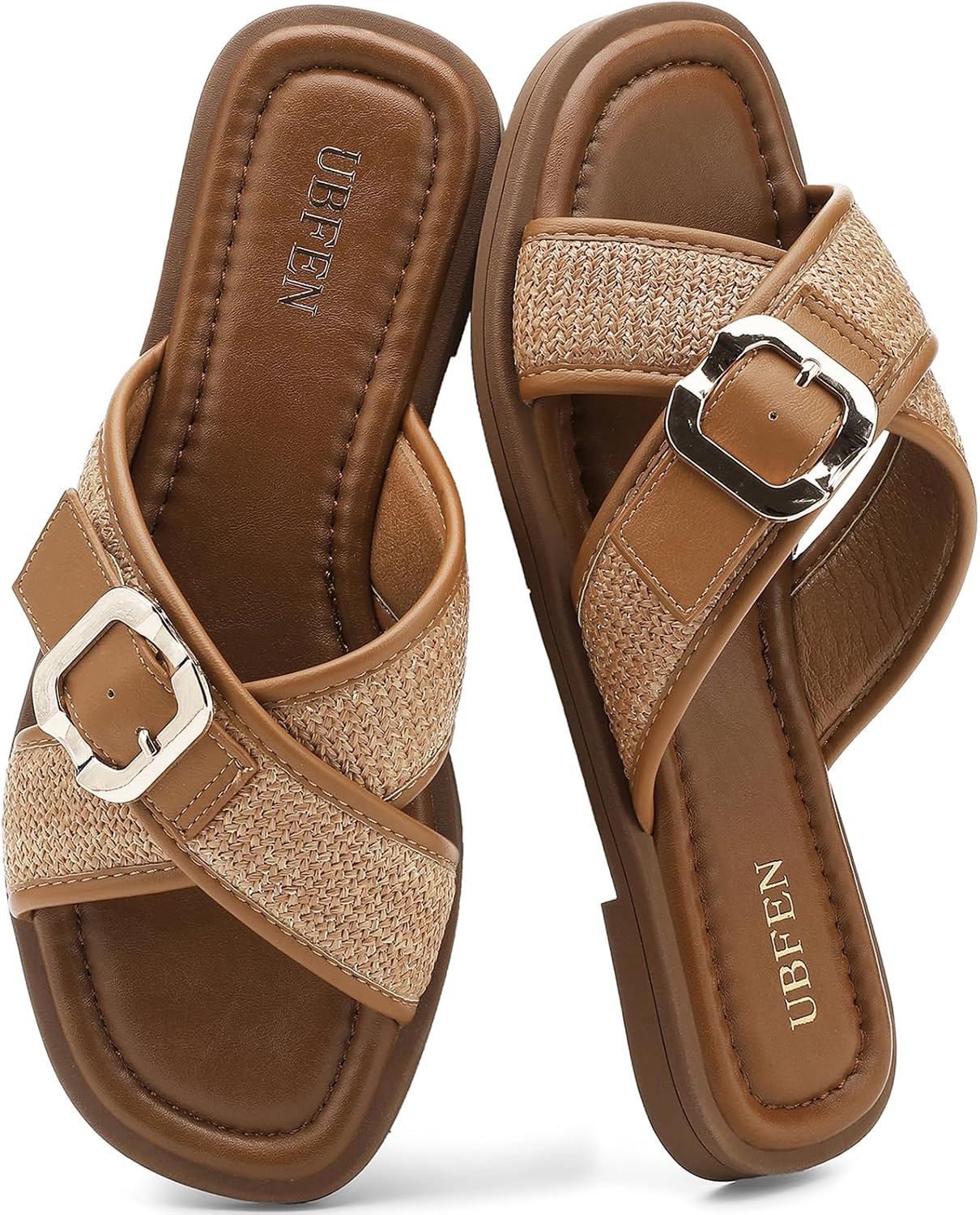 UBFEN Womens Square Toe Flat Sandals Slides Dressy Comfortable for Beach