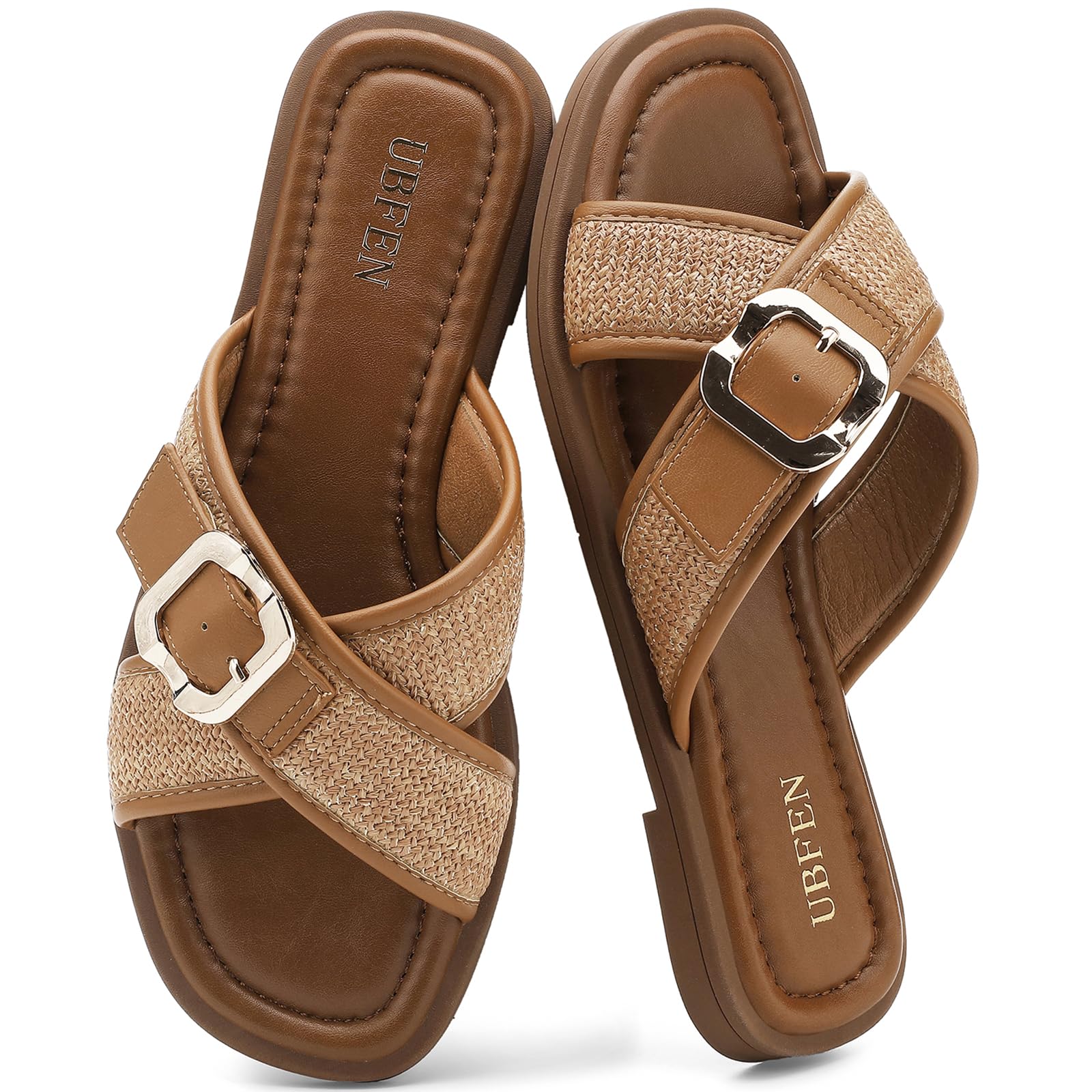 UBFEN Womens Square Toe Flat Sandals Slides Dressy Comfortable for Beach