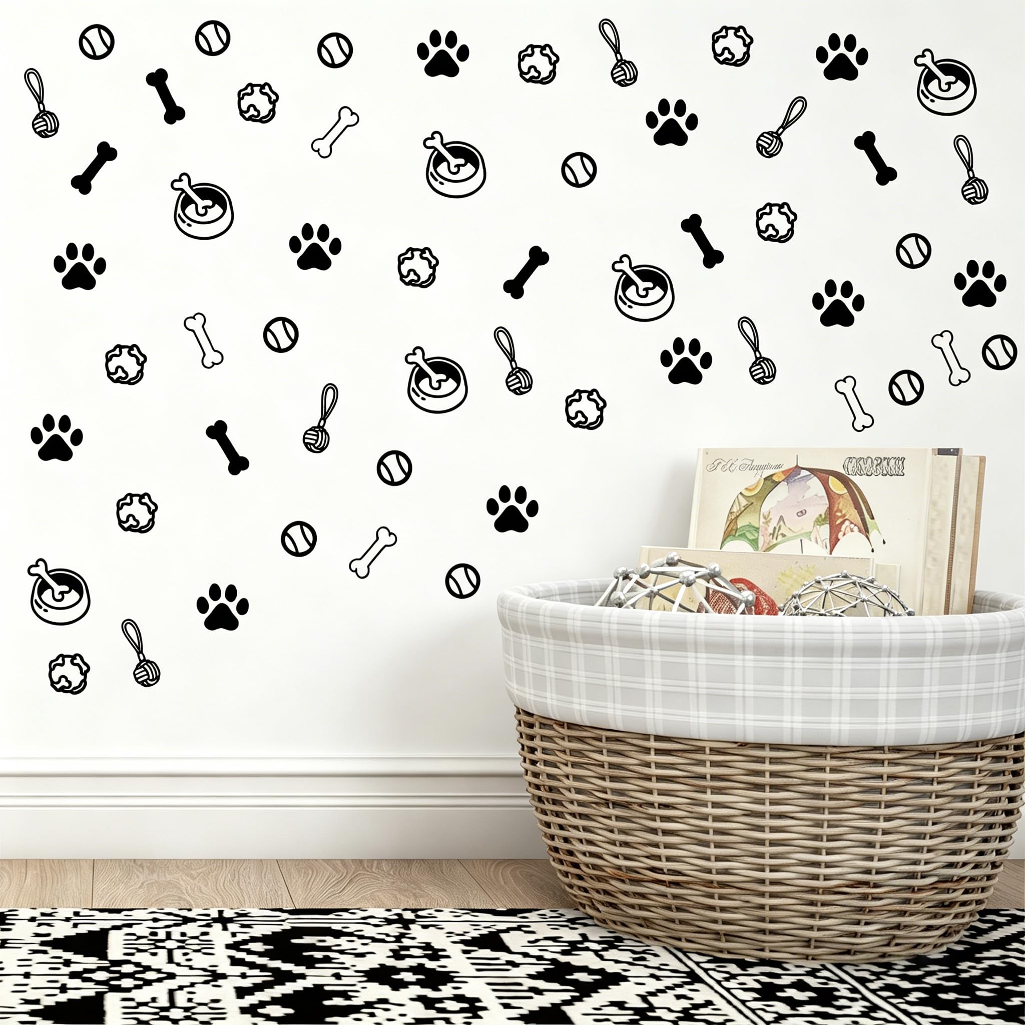 Dog Paw Print & Toy Wall Decals,10 Sheet Peel and Stick Wall Stickers,Vinyl Pet Wall Art Decor,Black & White Puppy Bowl Bone Ball Shapes for Bedroom,Living Room,Pet Room,Dorm & DIY Home Decoration