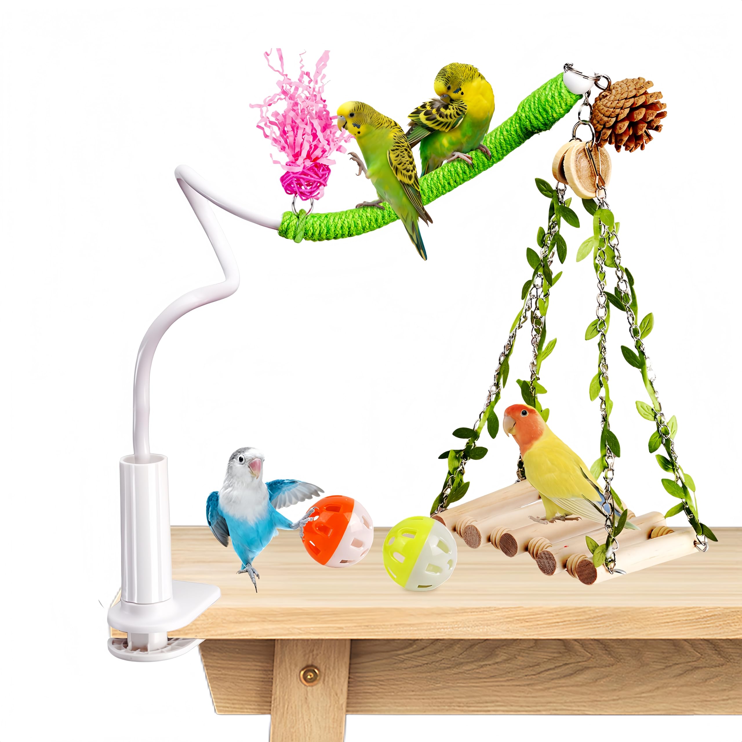 Bird Perch Stand with Swing, Desktop Bird Toy & Stand for Interacting, Interactive Playground for Sun Conure, Lovebirds, Conure, Budgie, Cockatiel - Non-Slip Adjustable Perch