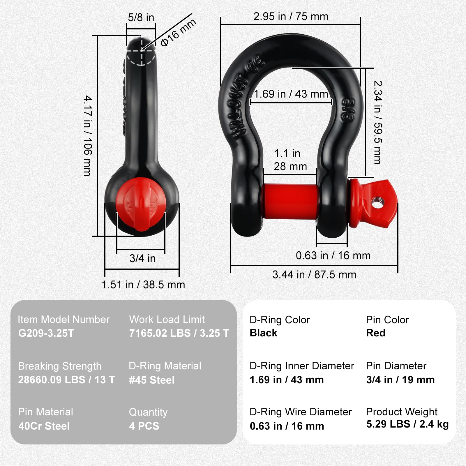 VEVOR Manille à anneau D 16 mm, lot de 4 manilles de remorquage acier allié, résistance à rupture 13 t avec goupille à vis 19 mm, manilles accessoire de récupération pour VTT, camions, jeep, noir