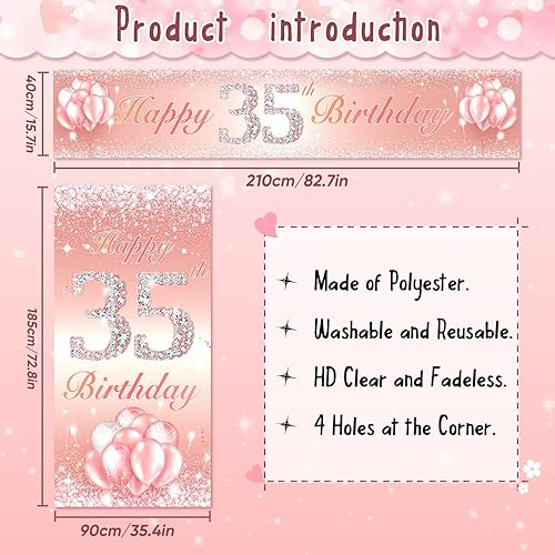 Miniatura 2 de Juego de carteles largos de feliz cumpleaños 35 para puerta, porche, decoración de cumpleaños de 35 años, suministros de fiesta para mujeres, oro