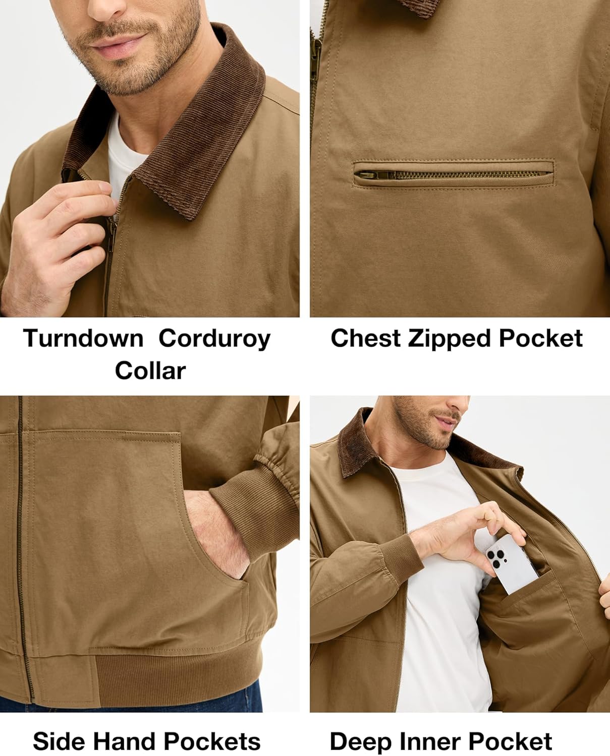 HOTake Men's Bomber Jacket Cotton Lightweight Casual Jacket with Corduroy Collar