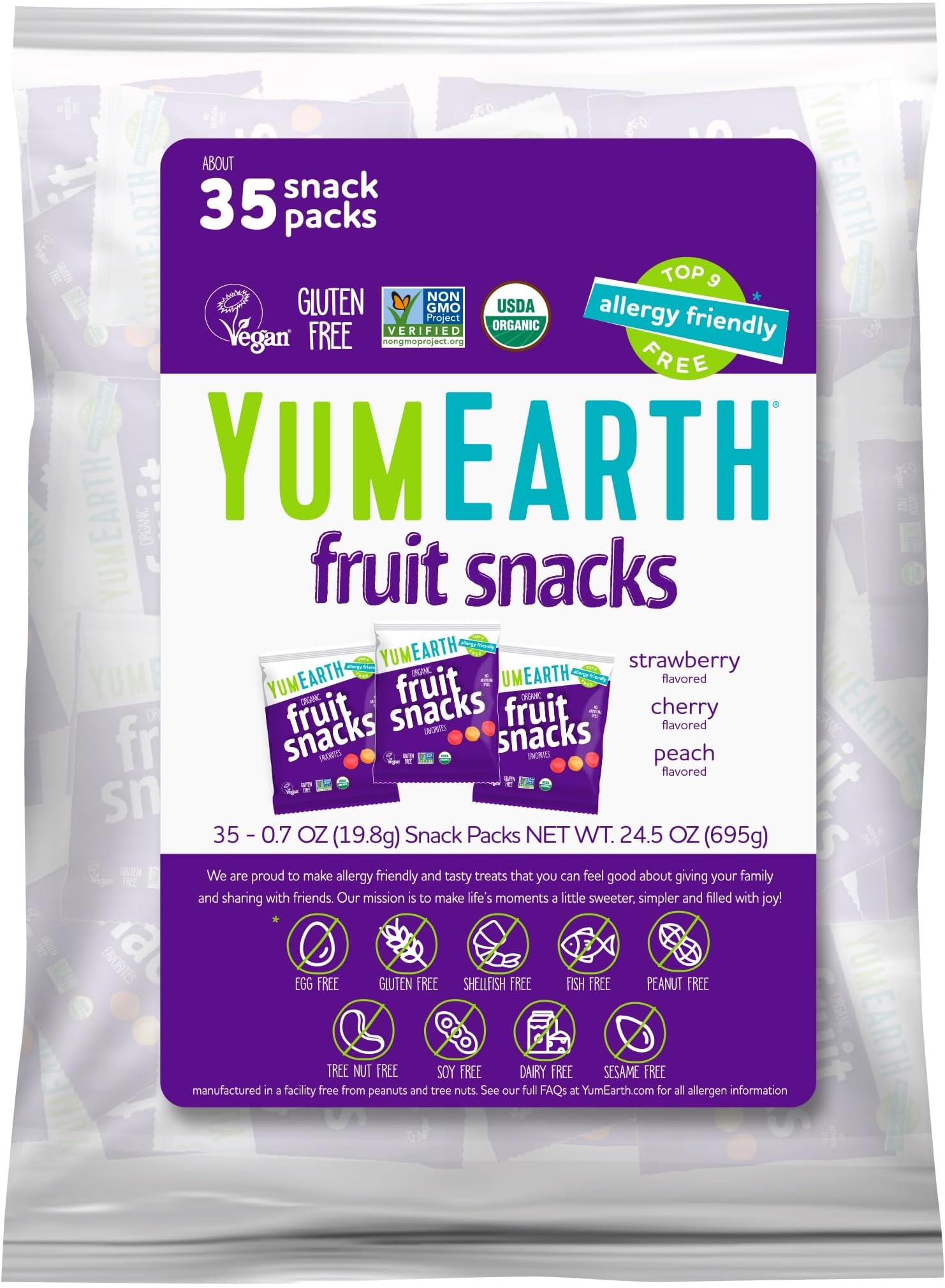 YumEarth Organic Fruit Snacks (Pack of 35) - 0.7 Ounce Snack Packs, Allergy Friendly, Gluten Free, Non-GMO, Dye Free