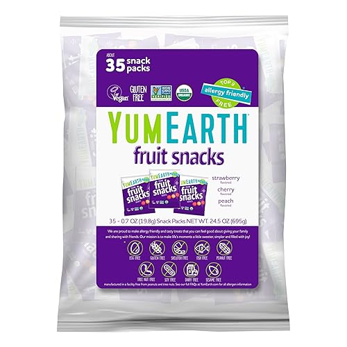 YumEarth Snacks de frutas orgánicas (paquete de 35) – Paquetes de aperitivos de 0.7 onzas, aptas para alérgicos, sin gluten, sin OMG, sin tintes