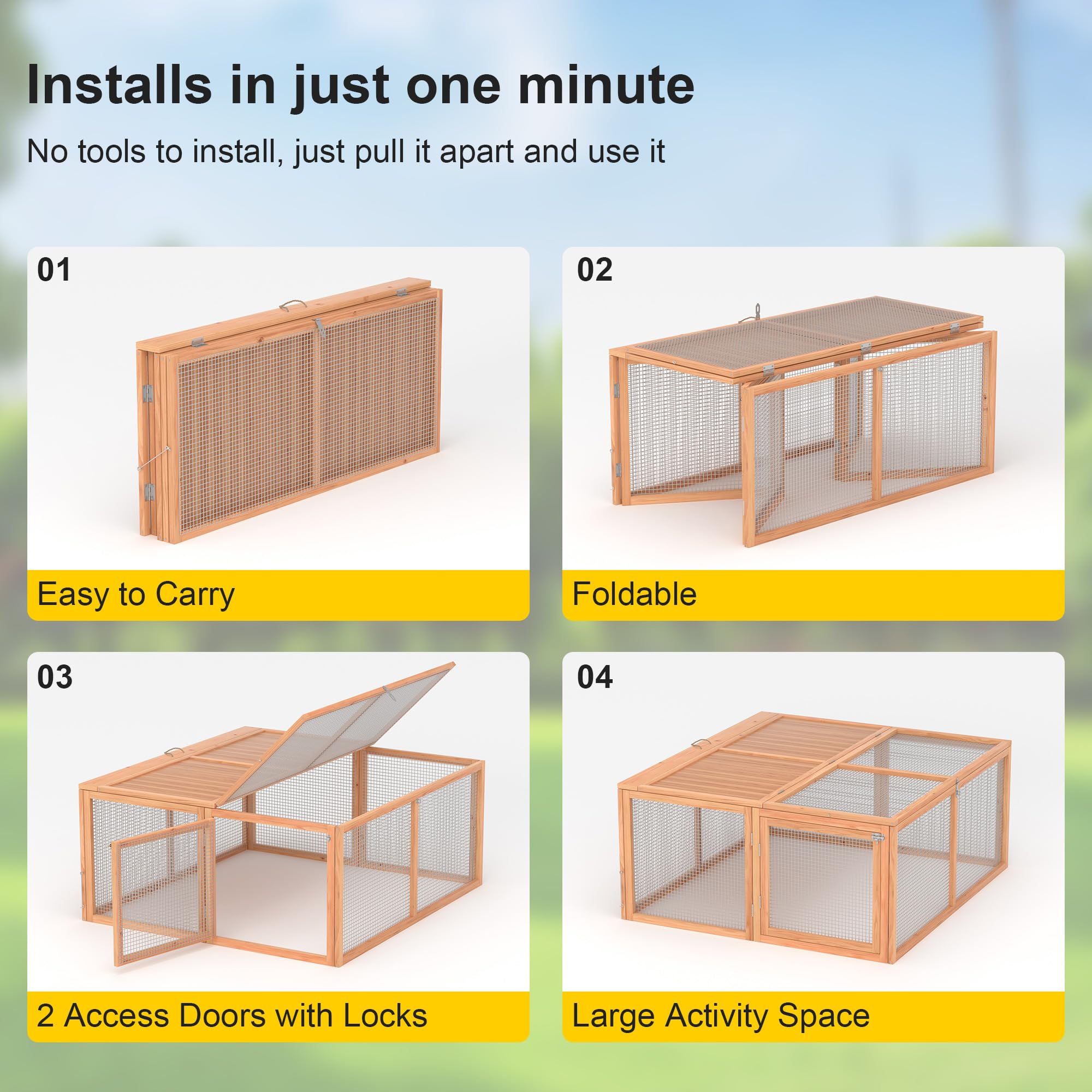 Gallinero, conejera de madera plegable para interiores y exteriores, con asa, portátil, con puertas de apertura superior y lateral, corral para animales pequeños, sin montaje, jaula para aves de
