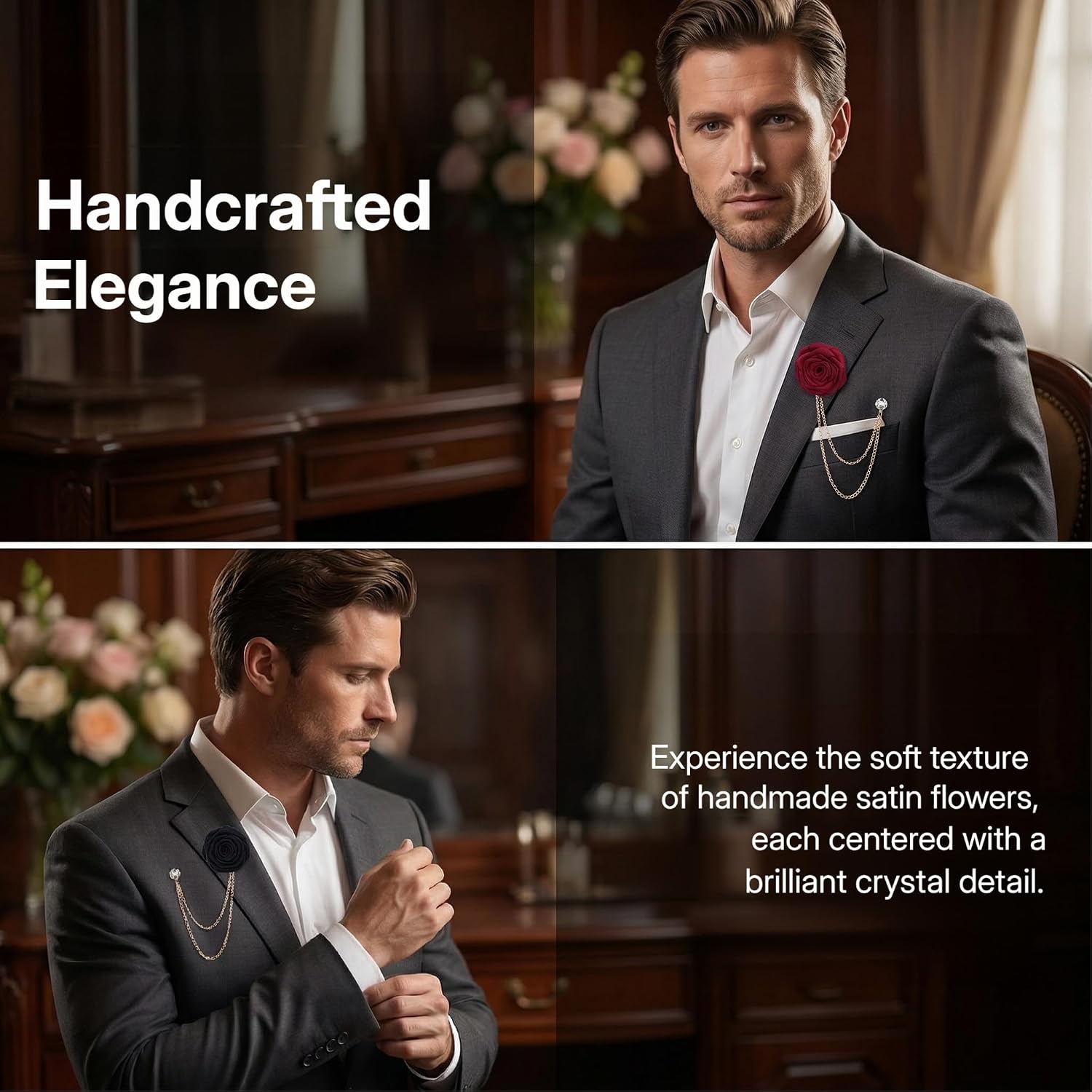 3PCS Mens Brooches for Suits Lapel Pin Set with Chain Rose Flower Pins for Men Suit Jewelry Elegant Brooch Pendants and Accessories for Wedding Prom Stylish Lapel Decorations with Flowers