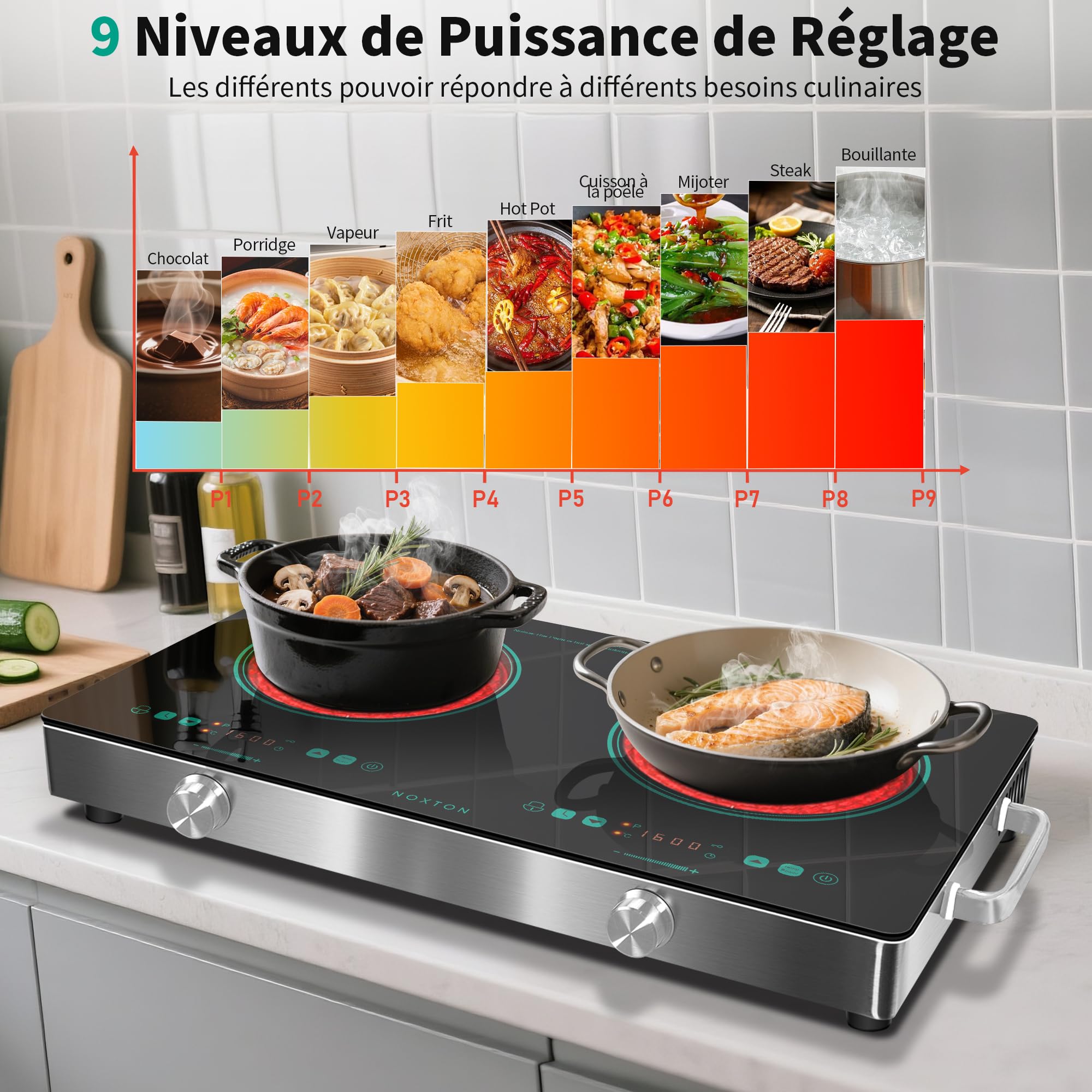 Placa Vitrocerámica Portátil, 2 Fuegos, con Mango y Enchufe,Control Táctil | NOXTON 30 cm, Césped Borde Verde, control táctil y por mando, temporizador, bloqueo para niños, 3200W, 9 niveles de potencia
