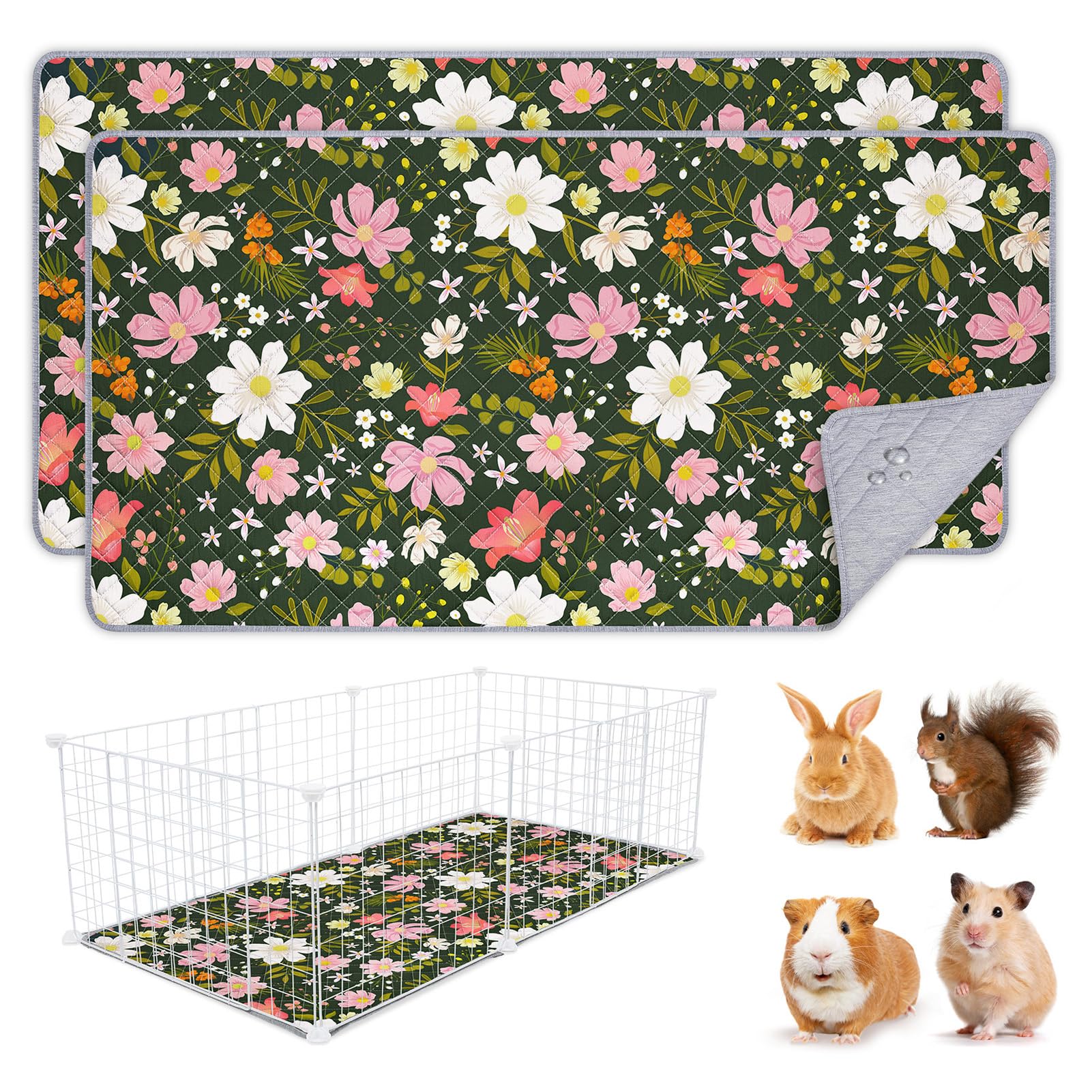 BeBeJoJo 2 Pack Wiederverwendbare Unterlage für Meerschweinchen,Waschbar,Kleintier Matten für Kaninchen,Hamster,Floral Print Green,120x60CM