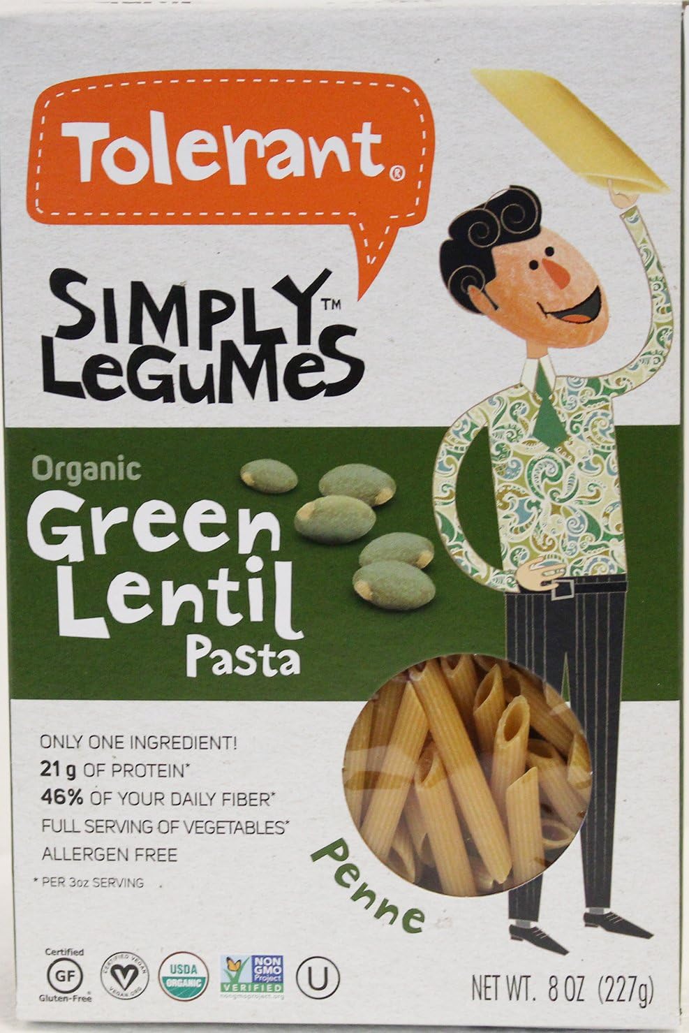 Tolerant, Organic Gluten Free Green Lentil Pasta, 8 oz, Pack of 3 (PENNE)