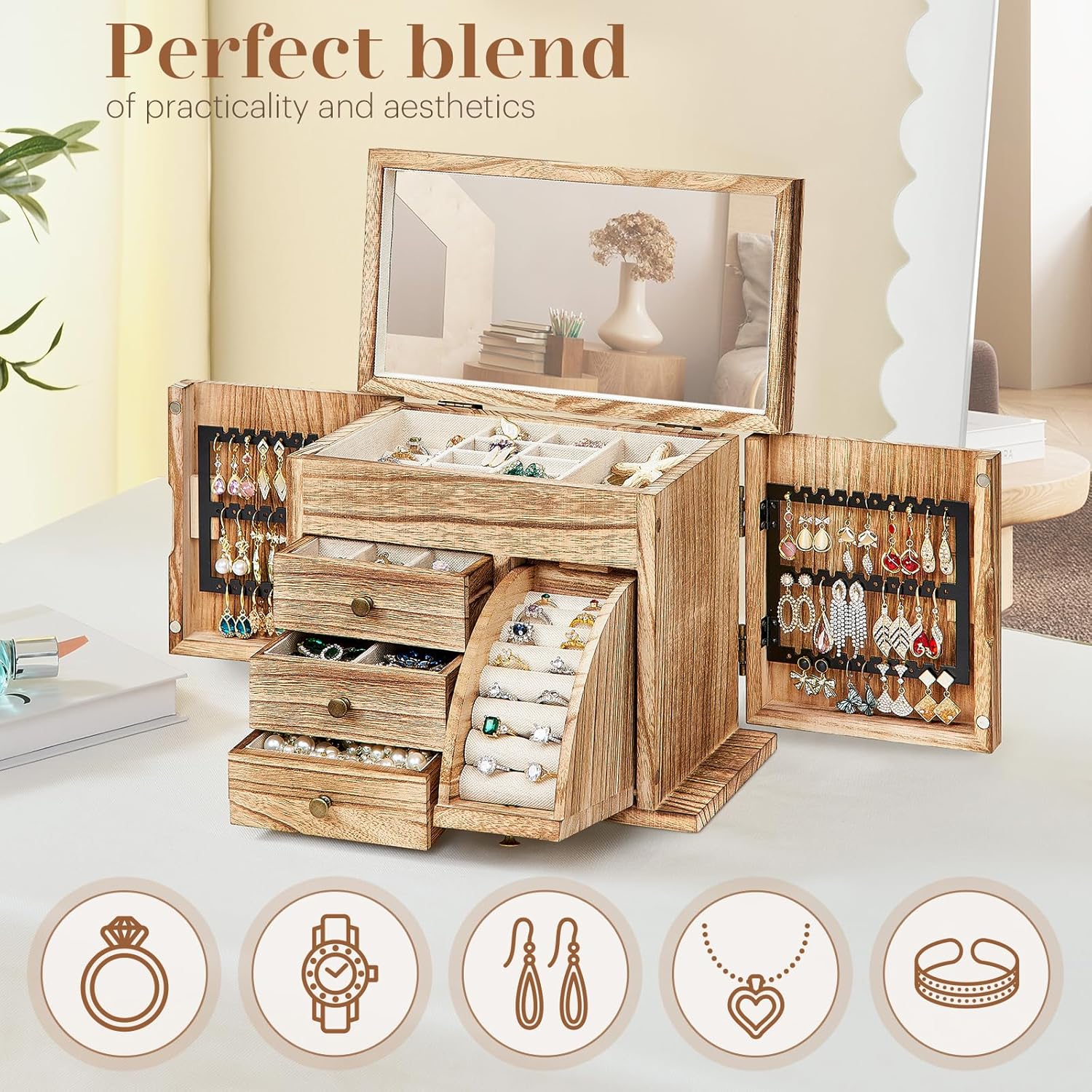 Jewelry Box Organizer, Solid Wood Jewelry Boxes fow Women with Mirror, Double Layer Jewelry Organizer Box Display Earring Necklace Bracelet Ring, Rustic Style Small Jewelry Box for Girls