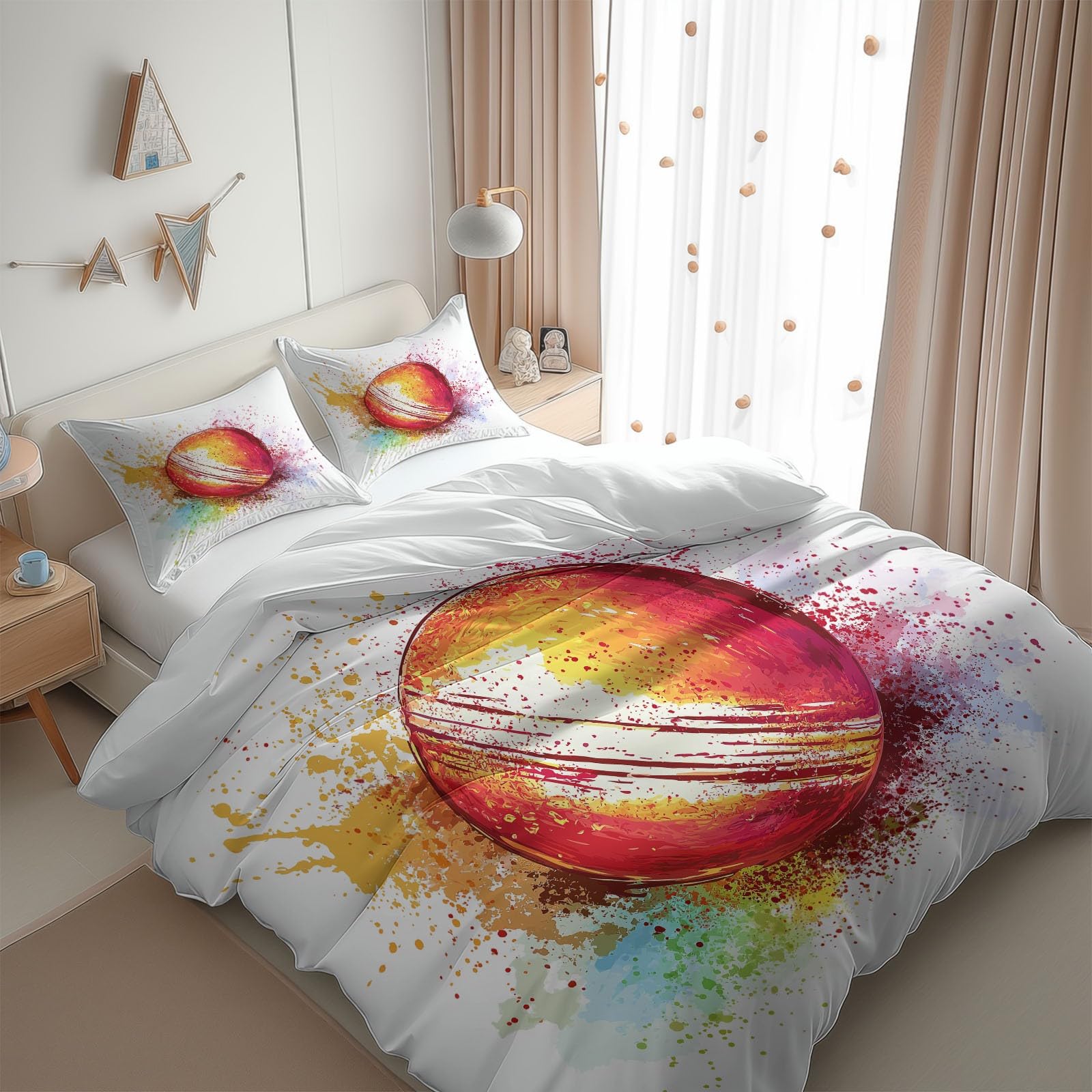 200 x 200 cm, komplet pościeli z miękkiej mikrofibry do krykieta, w stylu akwarelowym, 1 poszwa na kołdrę + 2 poszewki na poduszkę 80 x 80 cm, nadruk 3D, dla chłopców i dziewczynek, biały