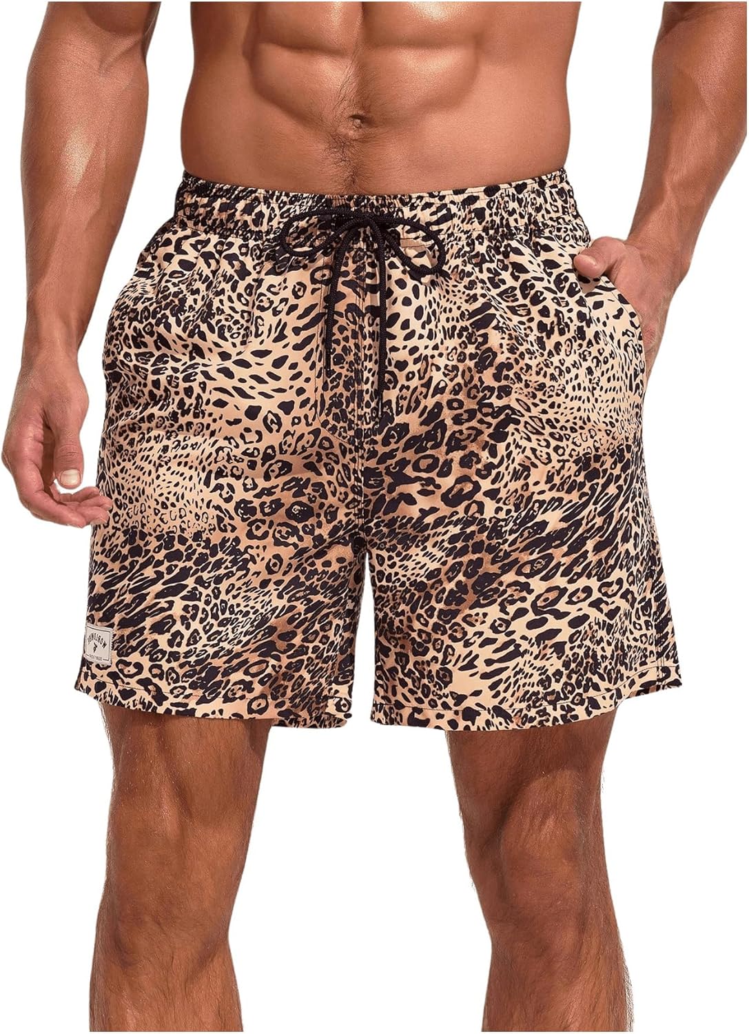 Verdusa Men's Leopard Print Drawstring Waist Swim Trunks Beach Shorts Small Brown Cheetah