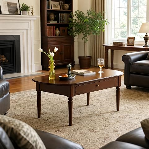 YESWOOD Solid Wood Coffee Table with Drawer, Vintage Rectangular Living Room Tab