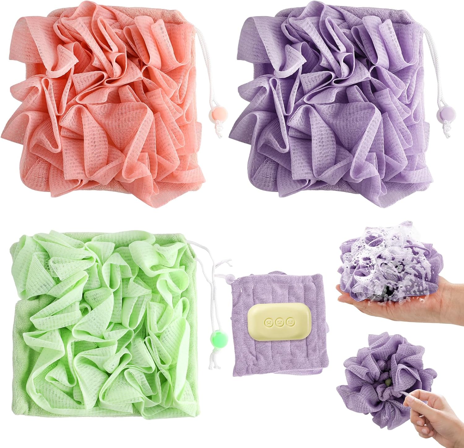 3 PCS Soap Bar Loofah That Holds Bar Soap-Exfoliation Mesh Shower Ball,2 in 3 Bath Loofah Sponge with Drawstring (Purple, Green, Pink)