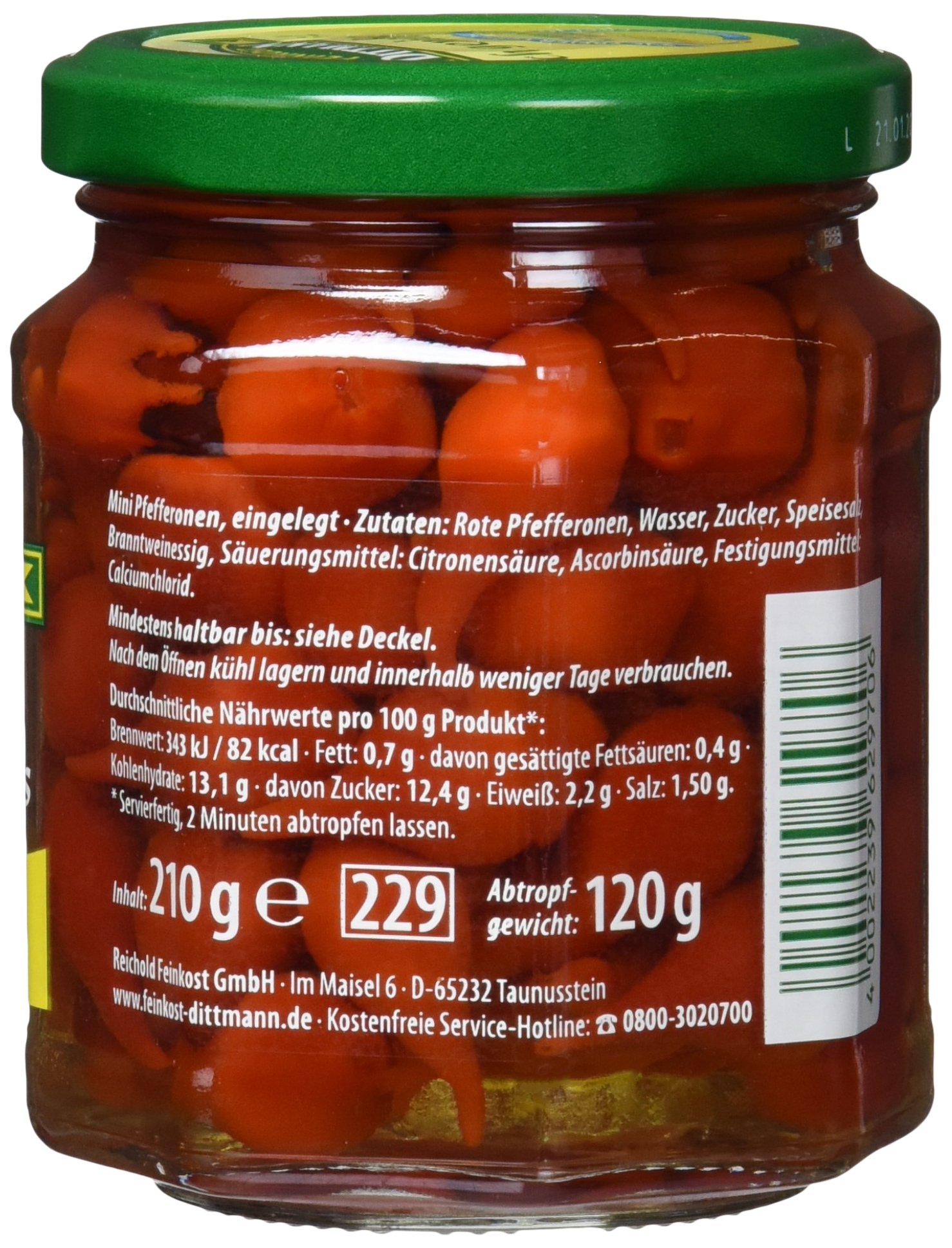 Feinkost Dittmann Mini Sweet Drops scharf und handgepflückt - Mini Pfefferonen rot Glas, 5er Pack (5 x 210 g)