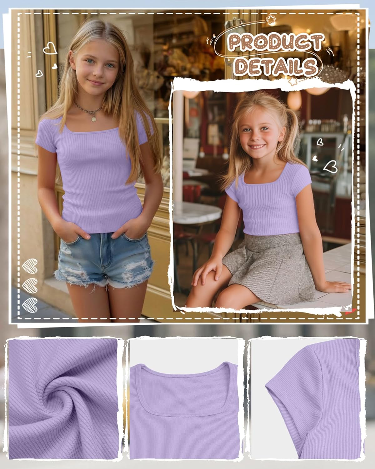 Ficerd Girls Cap Sleeve T Shirts Kids Ribbed Knit Square Neck Short Sleeve Tees Summer Slim Fit Teen Basic Tops