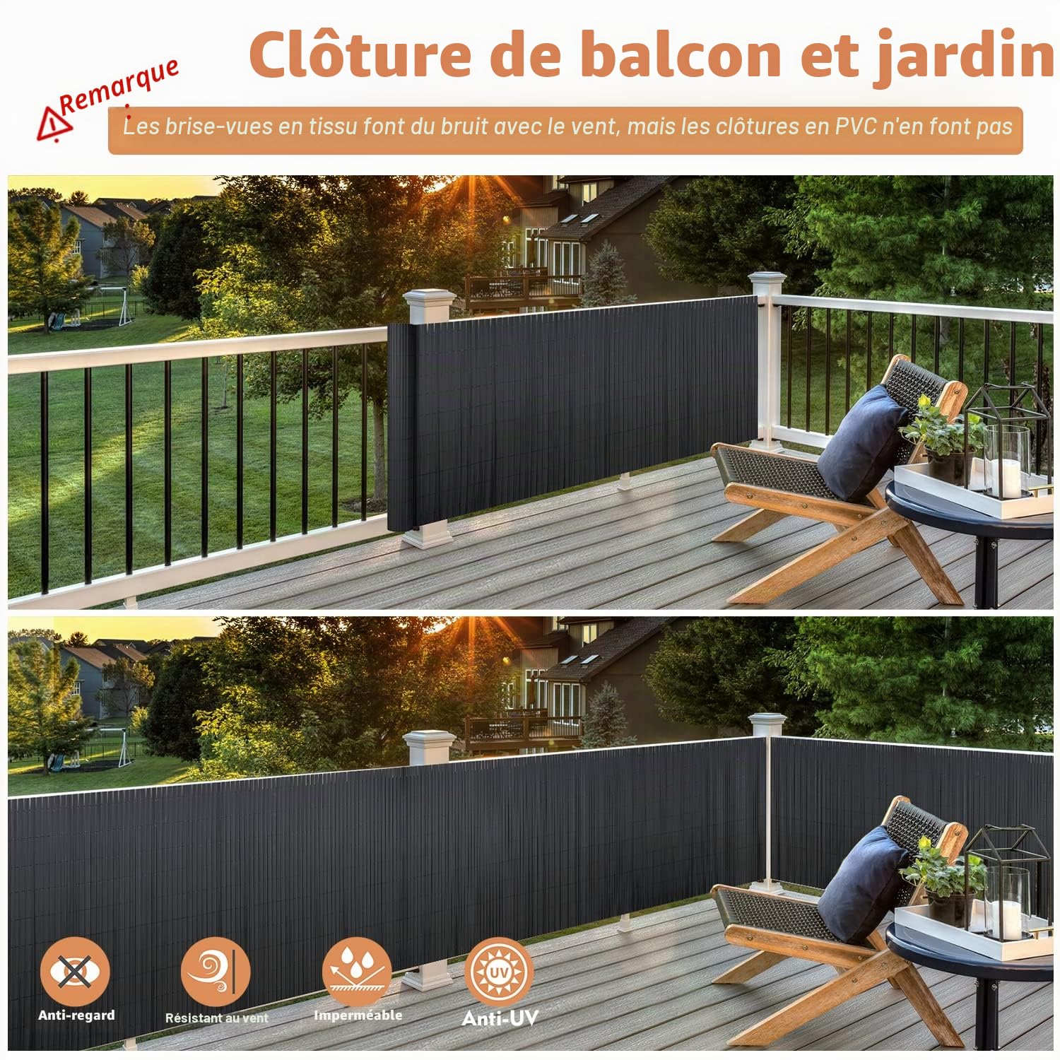 Sekey Brise-Vue en PVC - 160 x 500 cm - Double Renfort intérieur - avec Serre-câbles - Brise-Vue - Brise-Vue - Imperméable - sans perçage - pour Balcon, Jardin, Anthracite