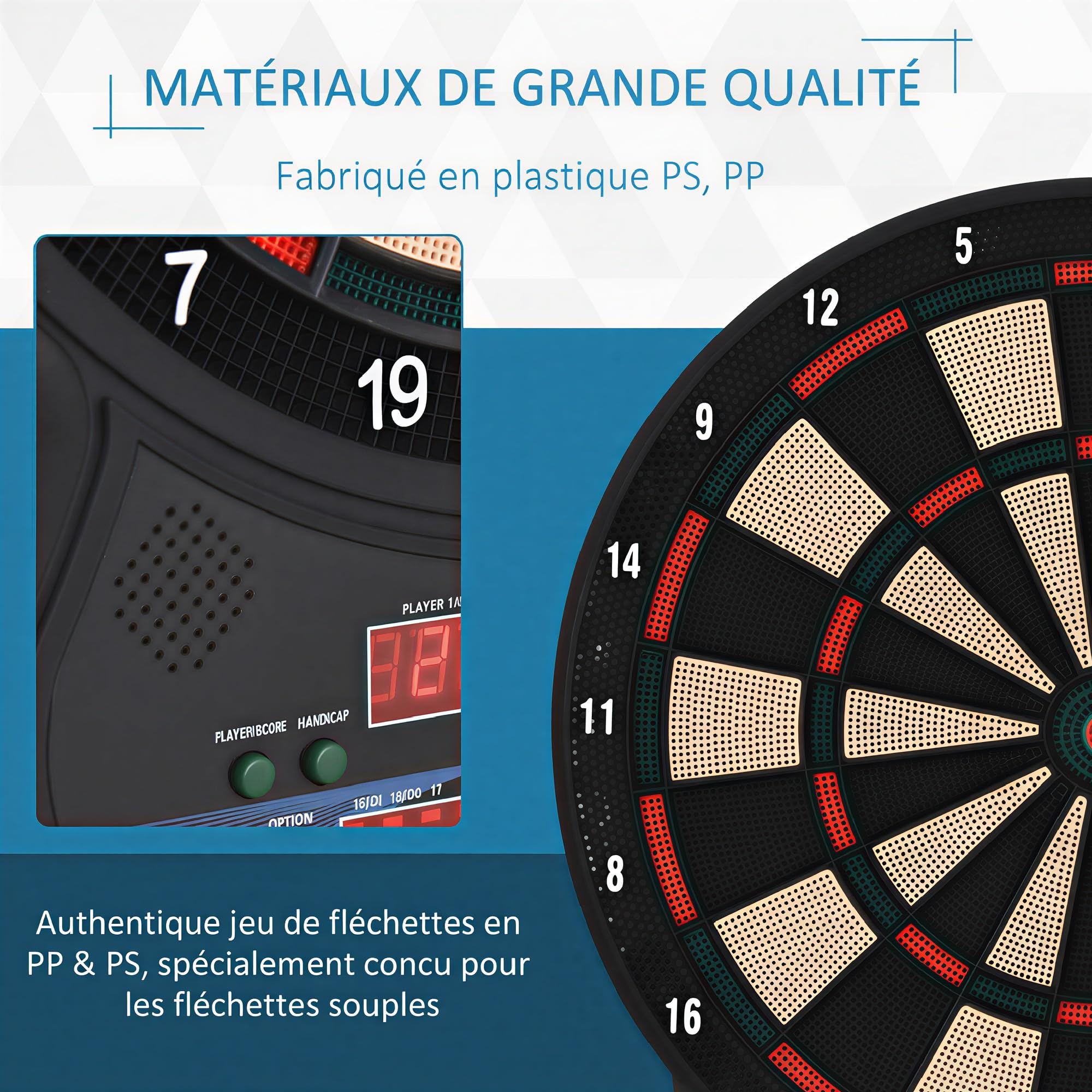 HOMCOM Cible Jeu de fléchettes électronique 27 Jeux et 202 Variations, jusqu'à 8 Joueurs, Affichage LED, Jeu de fléchettes avec 12 fléchettes Pointes Souples et 30 Pointes de Rechange Noir