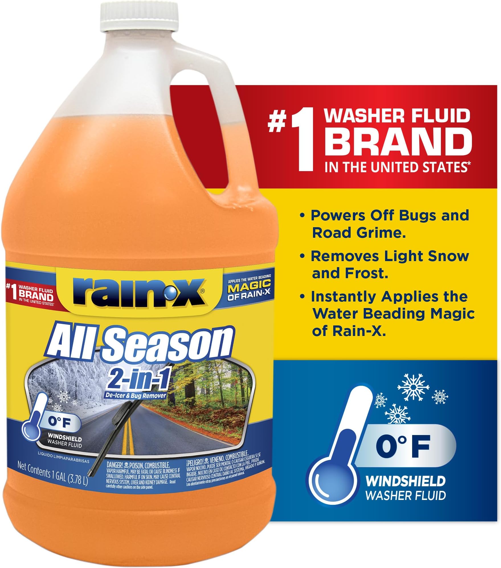 Rain-X All Season 0°F 2-in-1 De-Icer & Bug Remover Windshield Washer Fluid - 1 Gallon (Pack of 6)