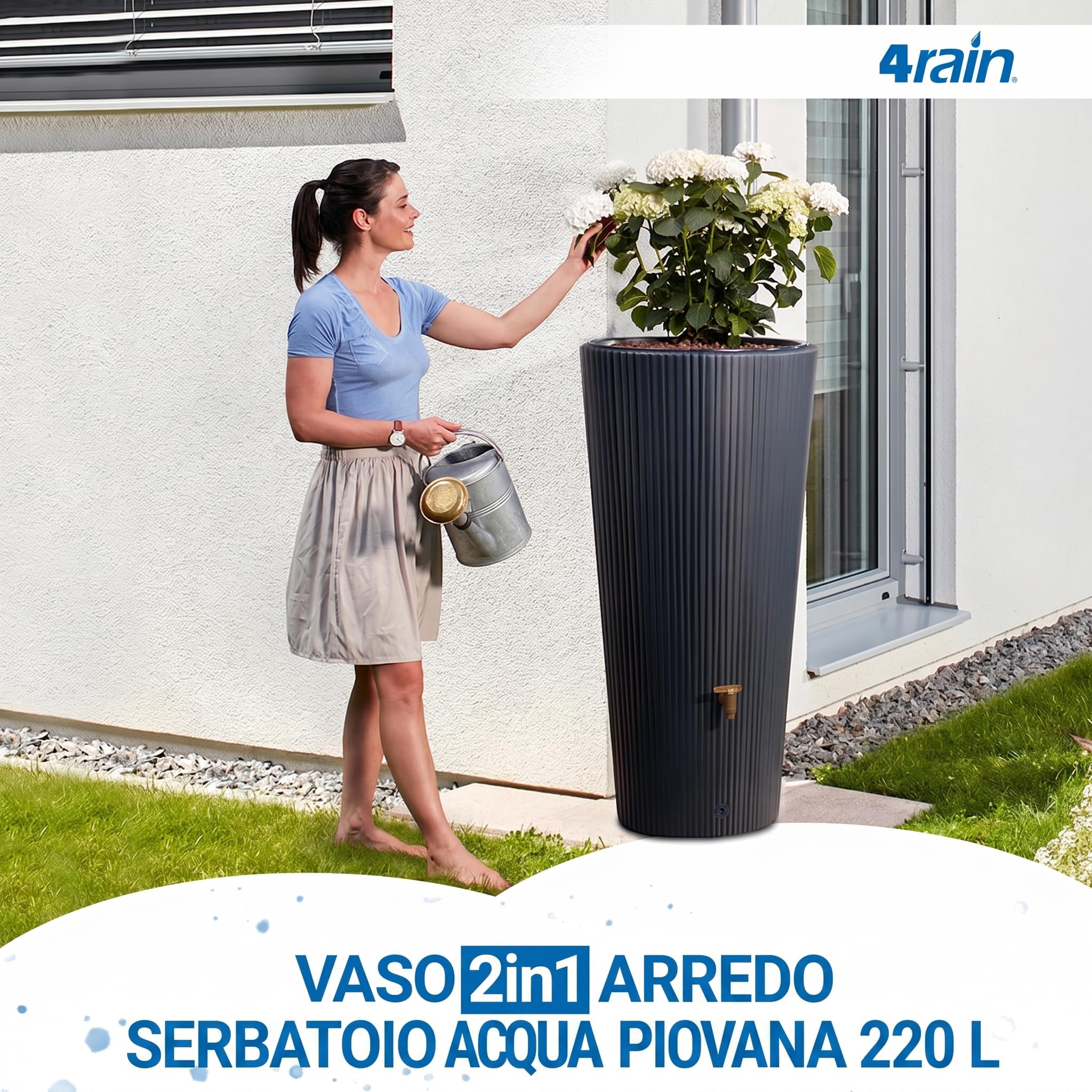 4rain VASO 2in1 DECOR serbatoio per pioggia 220 litri grigio grafite incl. rubinetto in plastica e raccordo pluviale - raccolta acqua piovana - vaso decorativo da giardino - per spazi esterni moderni