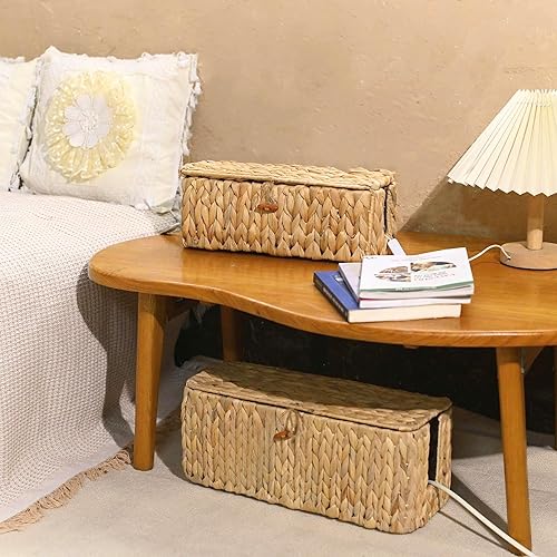 Miniatura 9 de Juego de 2 cajas de gestión de cables de mimbre con tapa, 2 ranuras abiertas, caja grande para cables oculta, cesta de gestión de cables de