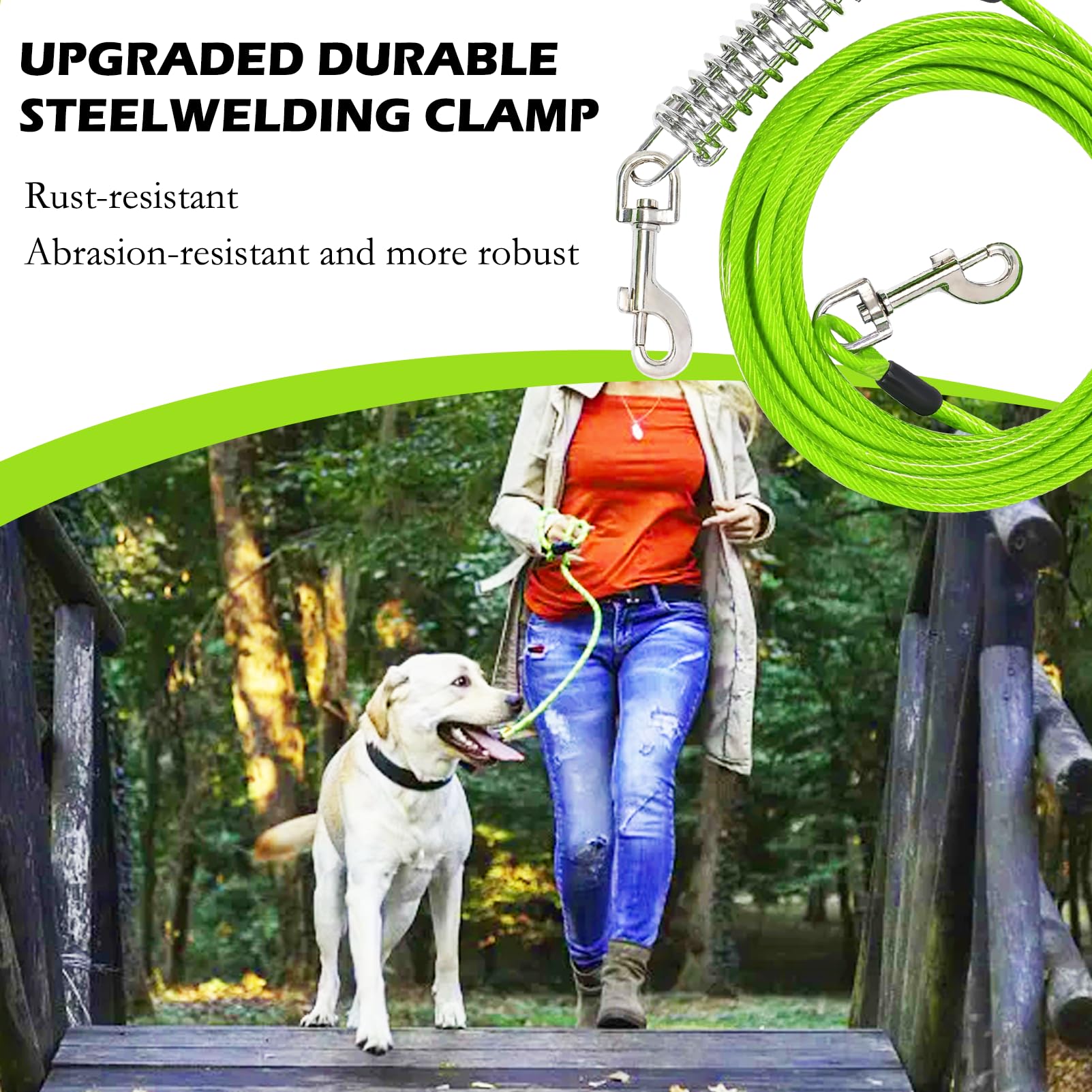 Cavo per legare il cane, 15m,verde, per esterni,con chiusura a vite, con corridore per cani per cortile e campeggio,guinzaglio per animali domestici per giardino