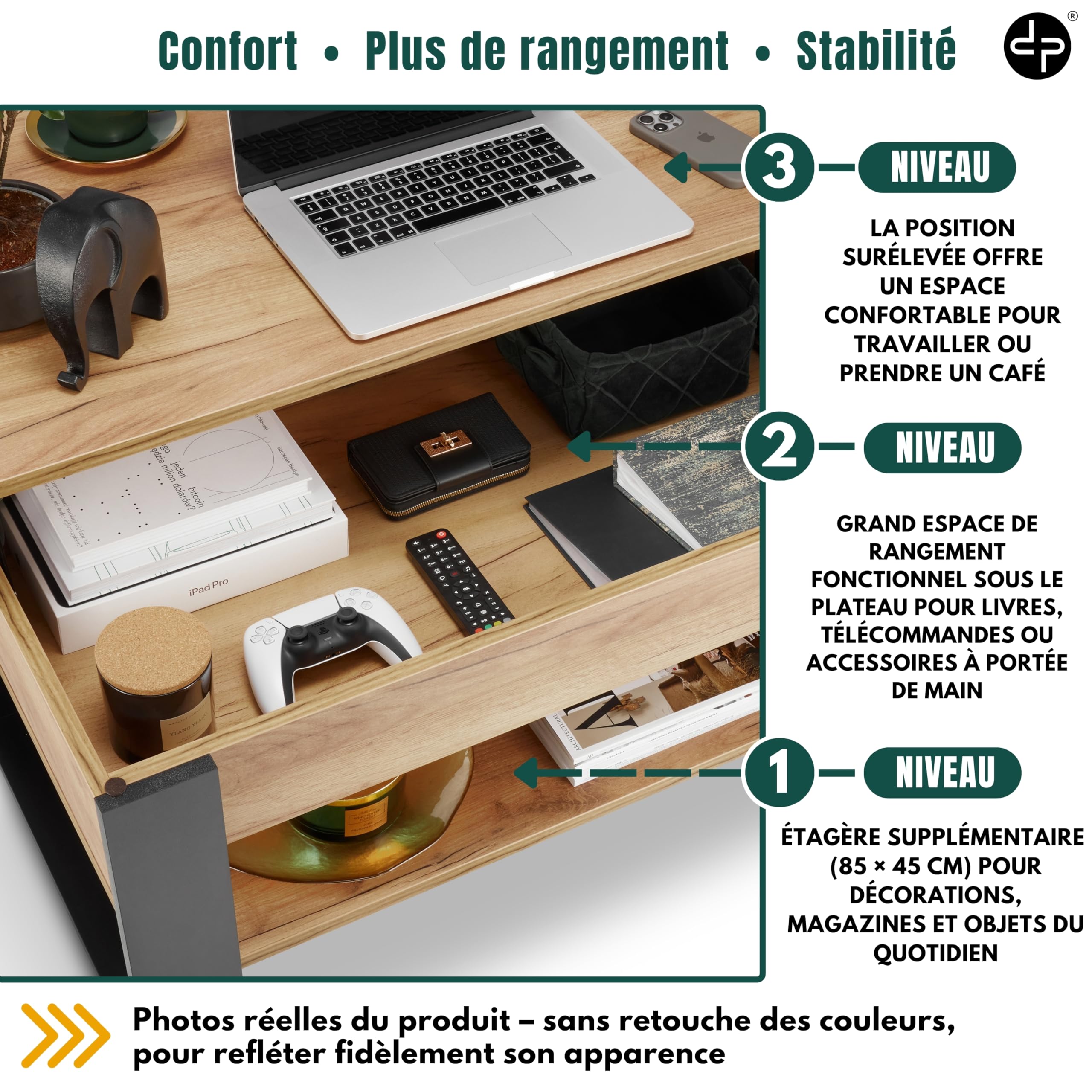 defiPad Table Basse Relevable avec Rangement – Table de Salon Moderne Industriel – Coffee Table avec Étagère et Compartiment Caché – Fabriquée en Europe – Plateau Réglable 45-61 cm (Noir + Chêne)