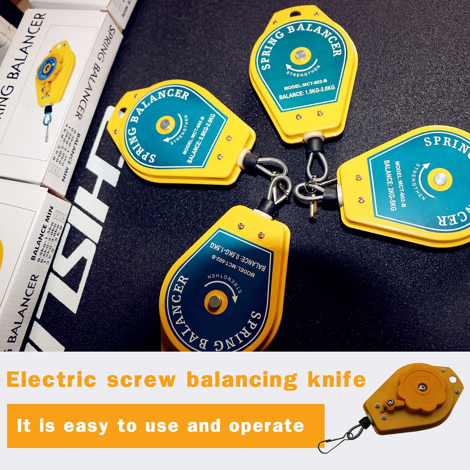 Équilibreur à Ressort Rétractable, 0.5-5KG Outil Fixations Support à Suspendre pour Assembly Line, 3-5kg Support Tension Suspendre Tournevis d'équilibreur à Ressort rétractable de Charge Jaune