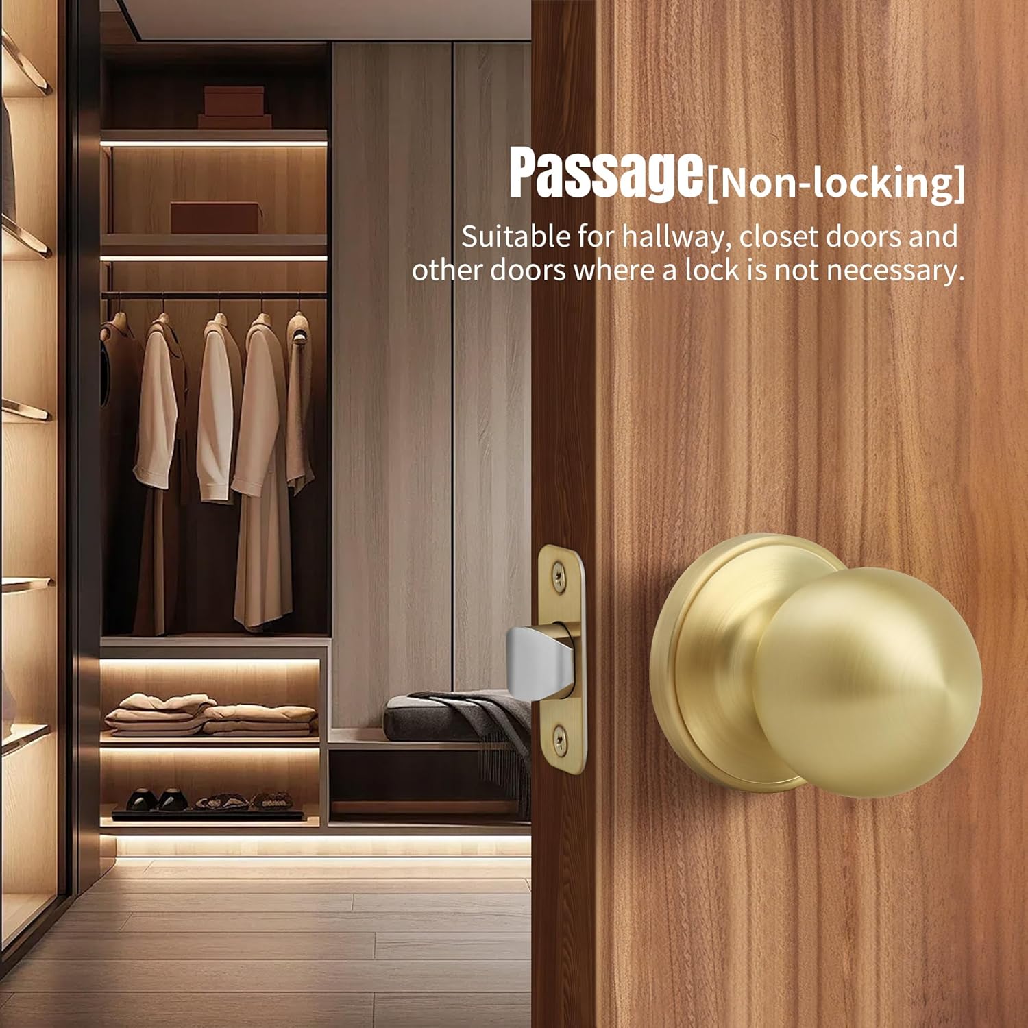 Moquin Gold Passage Door Knob Without Lock or Key, Non-Locking Interior Round Ball Door Knob for Hallway or Closet, Satin Brass