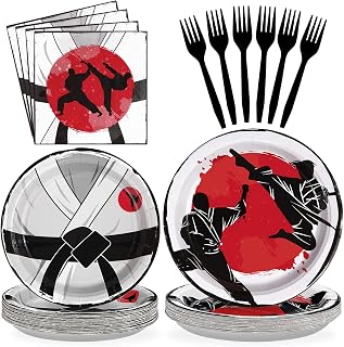 Grencian 96 Pcs Karate Party Supplies Disposable Karate Themed Plates and Napkins Tableware Sets Karate Birthday Decorations for Boys Ninja Birthday Party Decorations Martial Arts Favors Serves 24