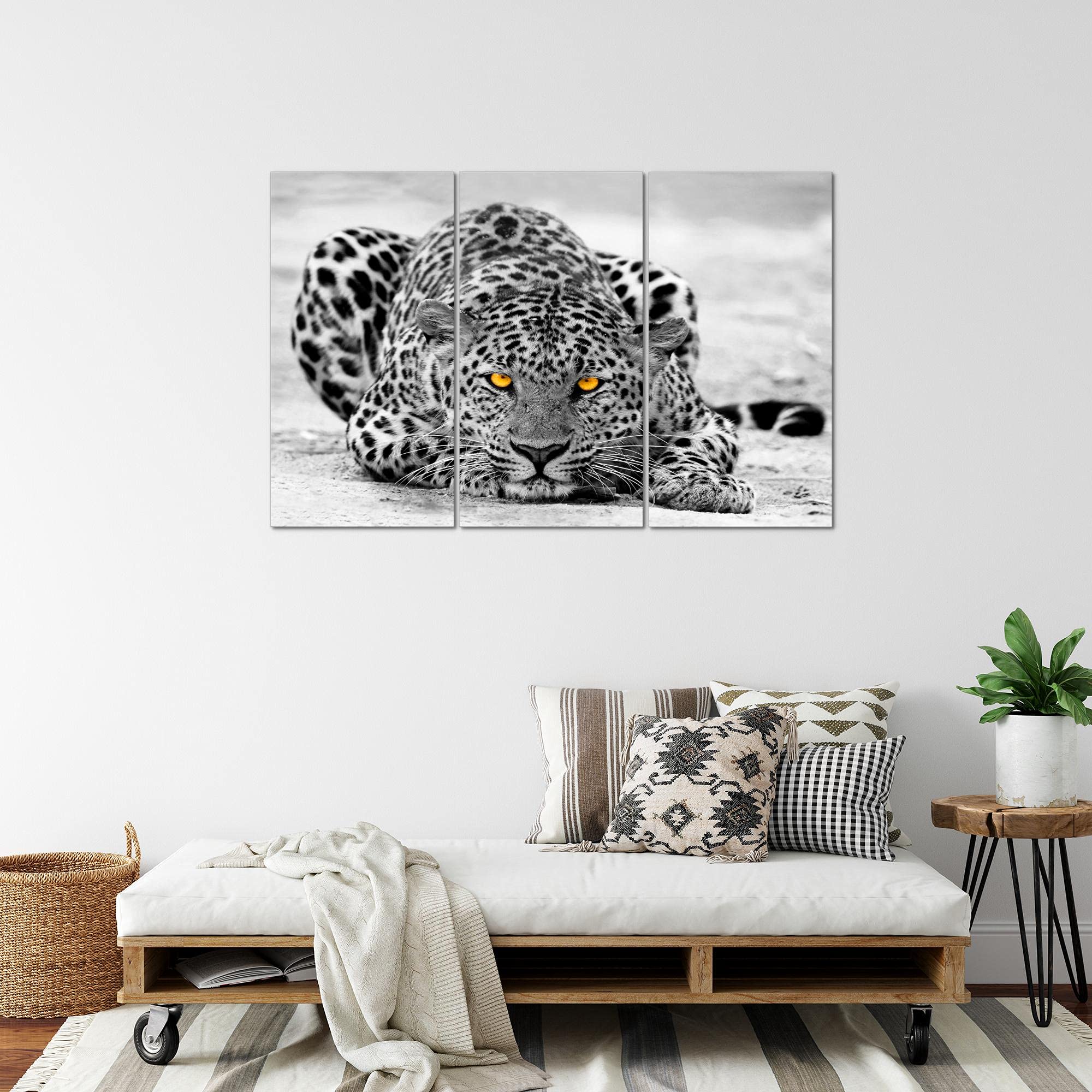 Runa Art África Leopardo Cuadro Decorativo para Sala XXL Amarillo Gris Grandes Felinos 120 x 80 cm 3 Piezas Decoración de Pared 000331a