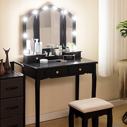 Miniatura 8 de Caroeas Vanity, tocador de maquillaje triple plegable con espejo, luces y taburete acolchado de tocador, juego de tocador de madera maciza, 4