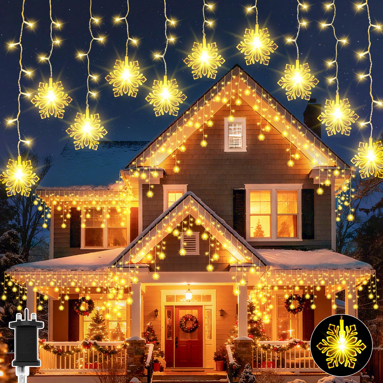 Dalugo Icicle Christmas Lights, 240 LED 10M Warm White Snowflake Icicle Lights Outdoor with Memory Function, 6H Timer, 8 Modes Waterproof Mains Powered for Christmas Decor, Balcony, Porch, Eave