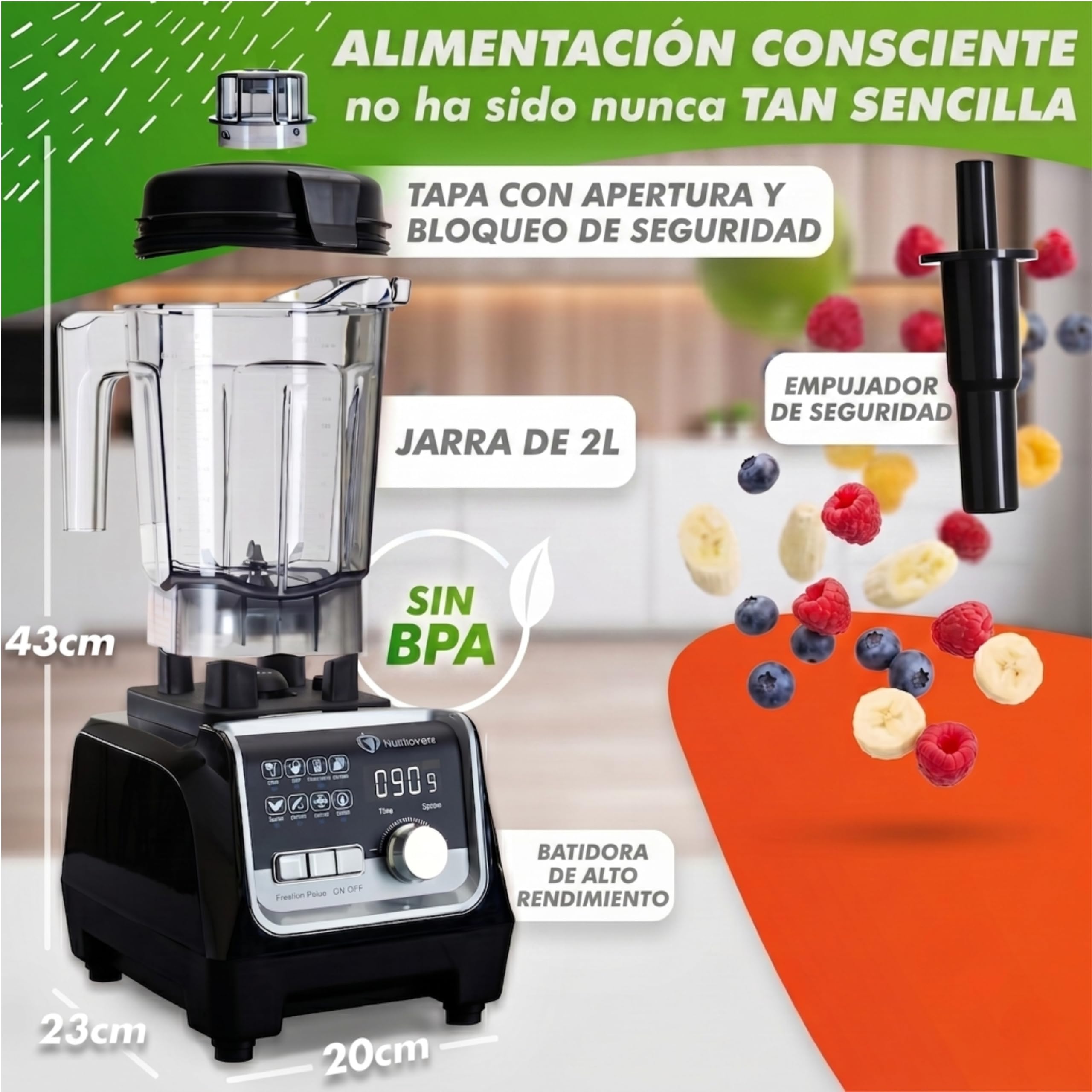 NUTRI-BLENDER MAX Batidora de Alto Rendimiento 2000W Batidora de Vaso Smoothie-Maker Profesional - 2L Tritan, Libre de BPA, 9 Niveles, Temporizador Digital (NUTRI-BLENDER MAX+)