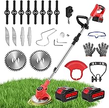 Cordless Strimmer Metal Blade 21V, Telescopic Cordless Grass Trimmer with 2 Batteries, Garden Strimmer with 6xMetal Blades & 8xPlastic Blades, Grass Cutter for Clearing Shrub Weeds Flower