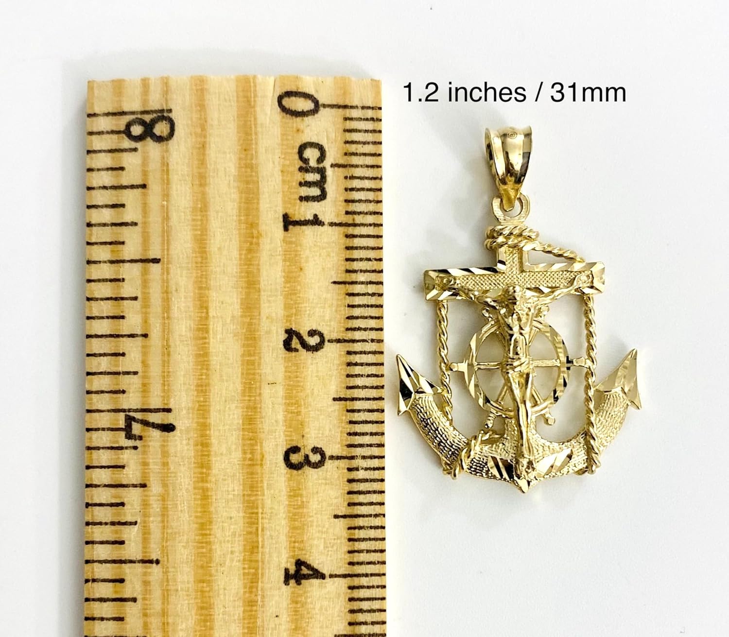 Solid 14K Yellow Gold Anchor Cross Pendant with Intricate Nautical Design, Mariner Jesus Christ Crucifix - 4 Different Size
