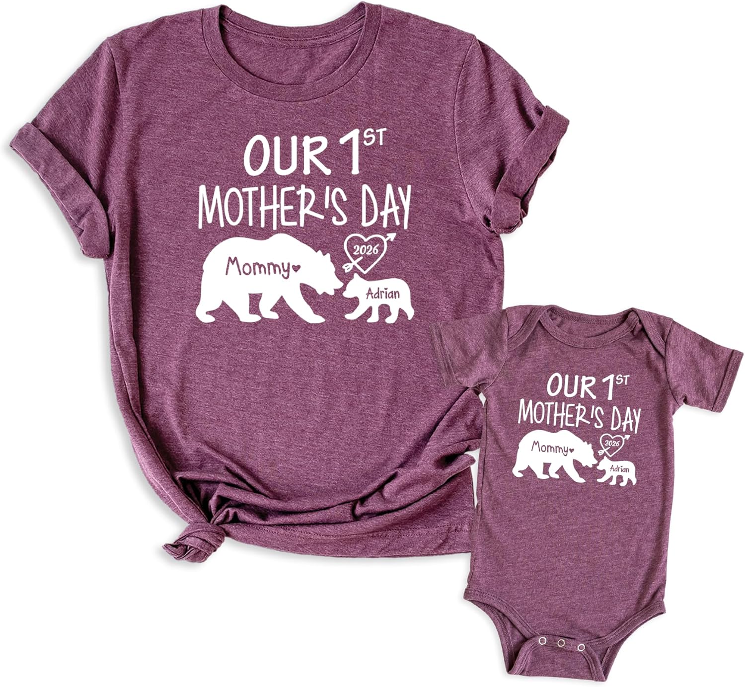 Our 1st Mother's Day Shirt, Mommy and Me Shirts, Matching First Mother's Day Outfits, Customizable with Names and Date, Baby Bodysuit and Mom Shirt Set, Mothers Day Gift Idea, Pack of 2