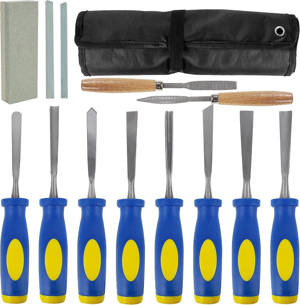 Lulu Home Juego de cinceles de madera de 13 piezas con bolsa de lona | Juego de herramientas para tallar madera, cinceles biselados de acero, mangos de goma, escofinas y piedras de afilar, para carpintería